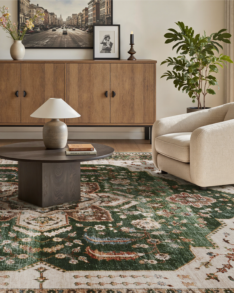 Boho inspired machine washable area rug suitable for both living room and bedroom use