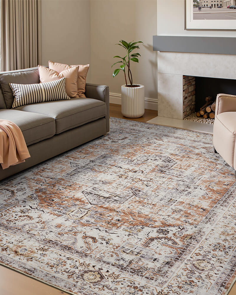 Boho area rug that is easy to clean after spills and kids’ play mess