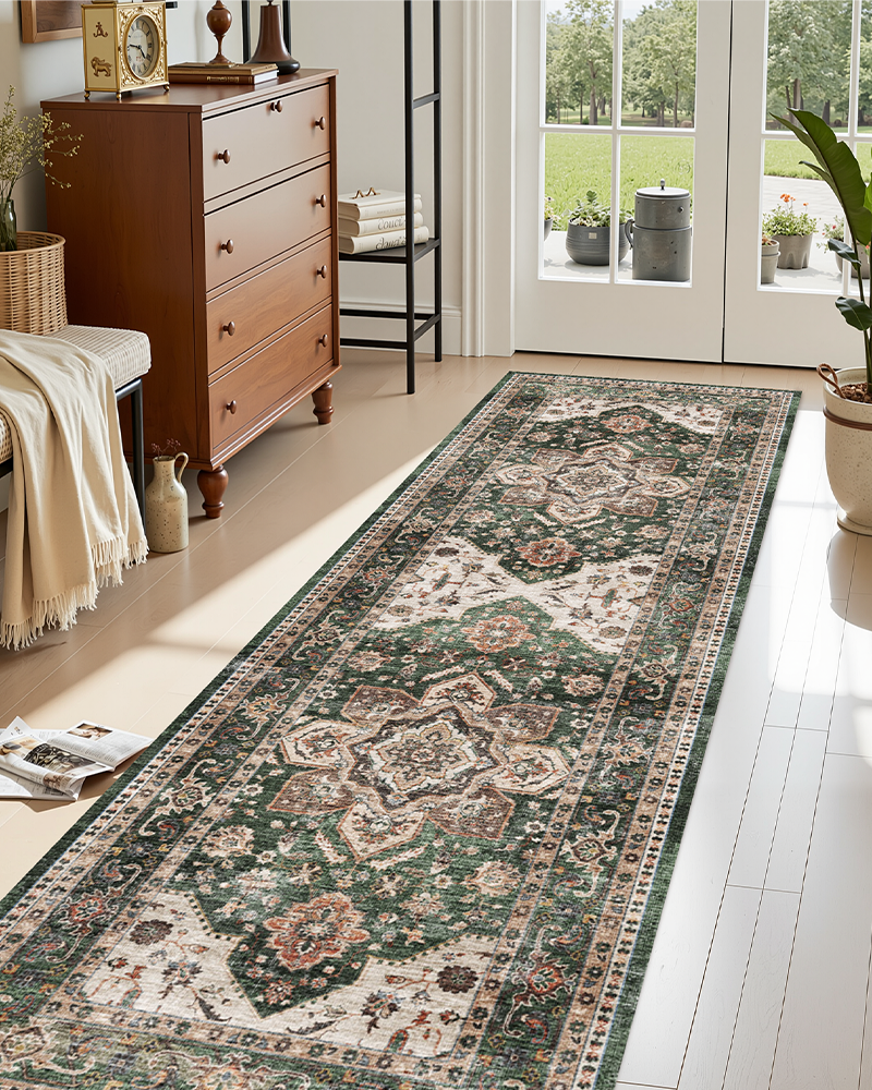 Soft touch boho runner rug designed for entryways and corridors, machine washable and non-slip for busy area.