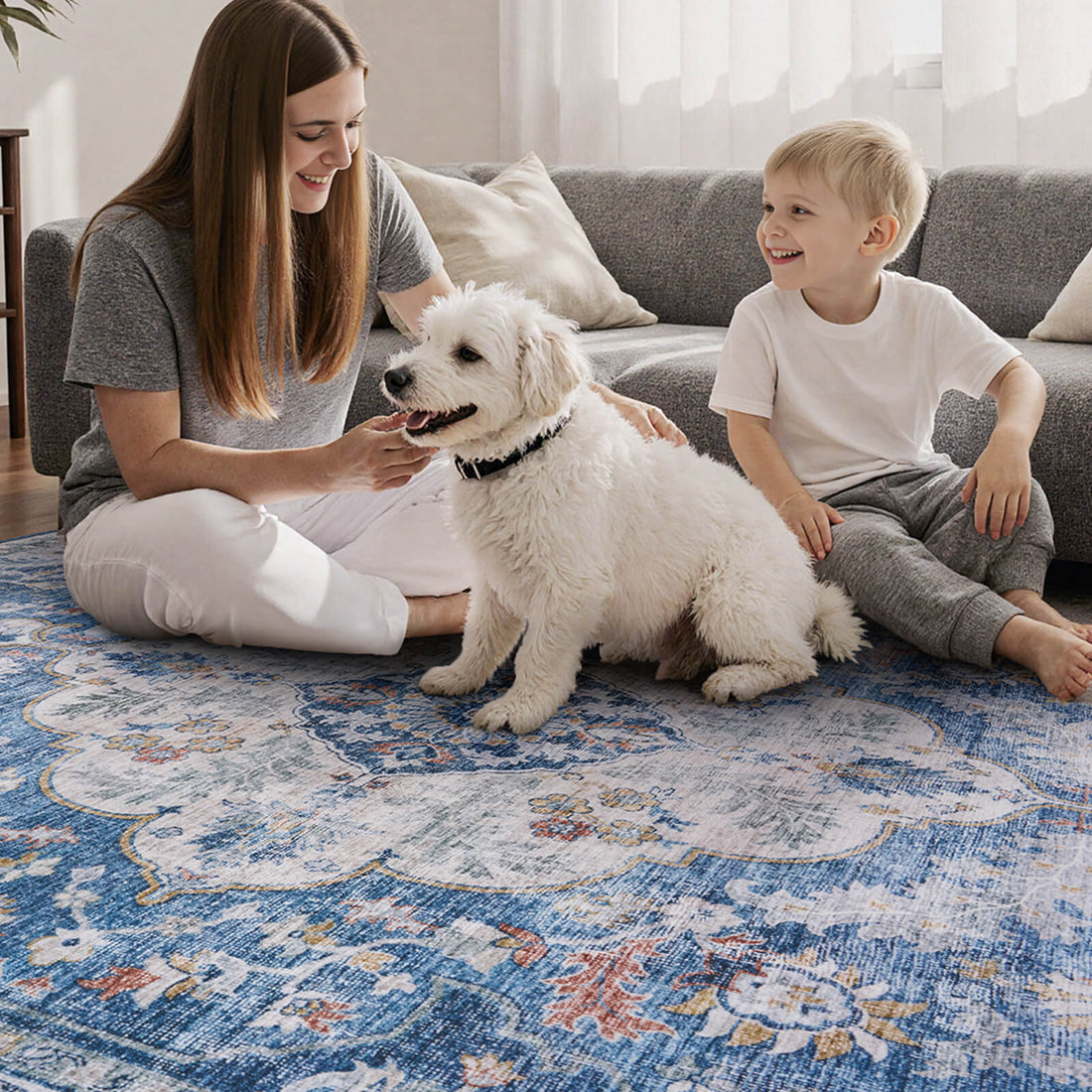 Soft vintage boho rug offering comfortable barefoot support in busy homes