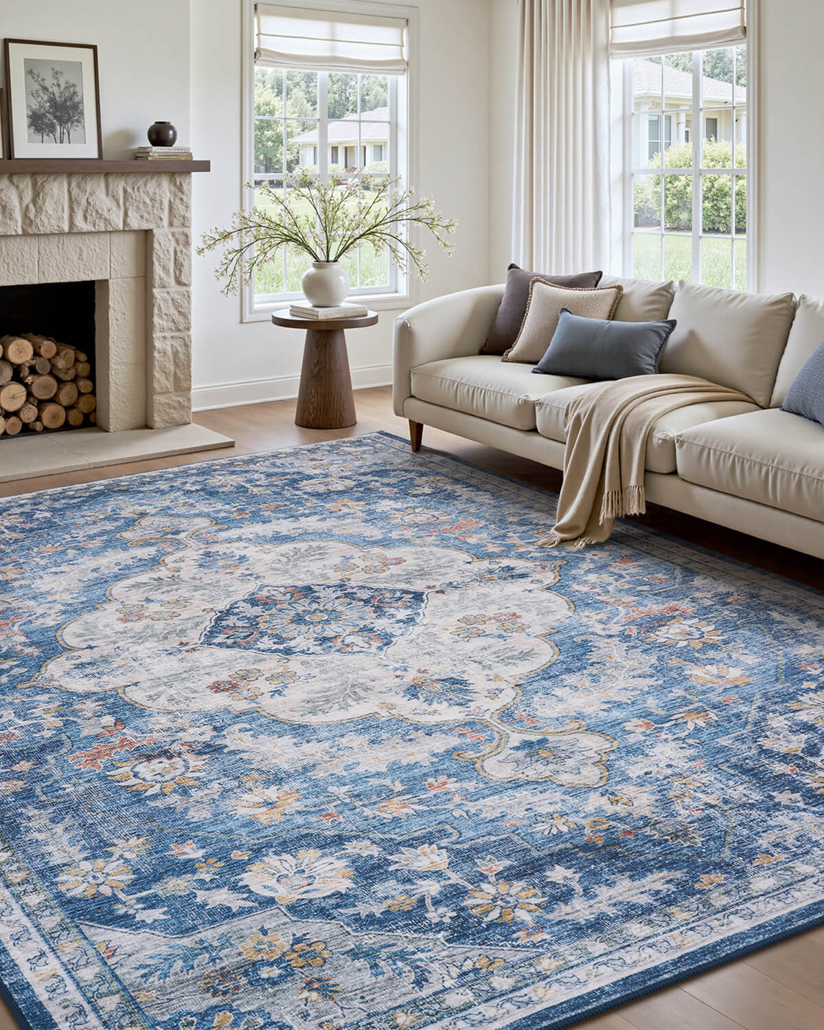 Non-slip vintage boho rug enhancing home safety for kids and pets