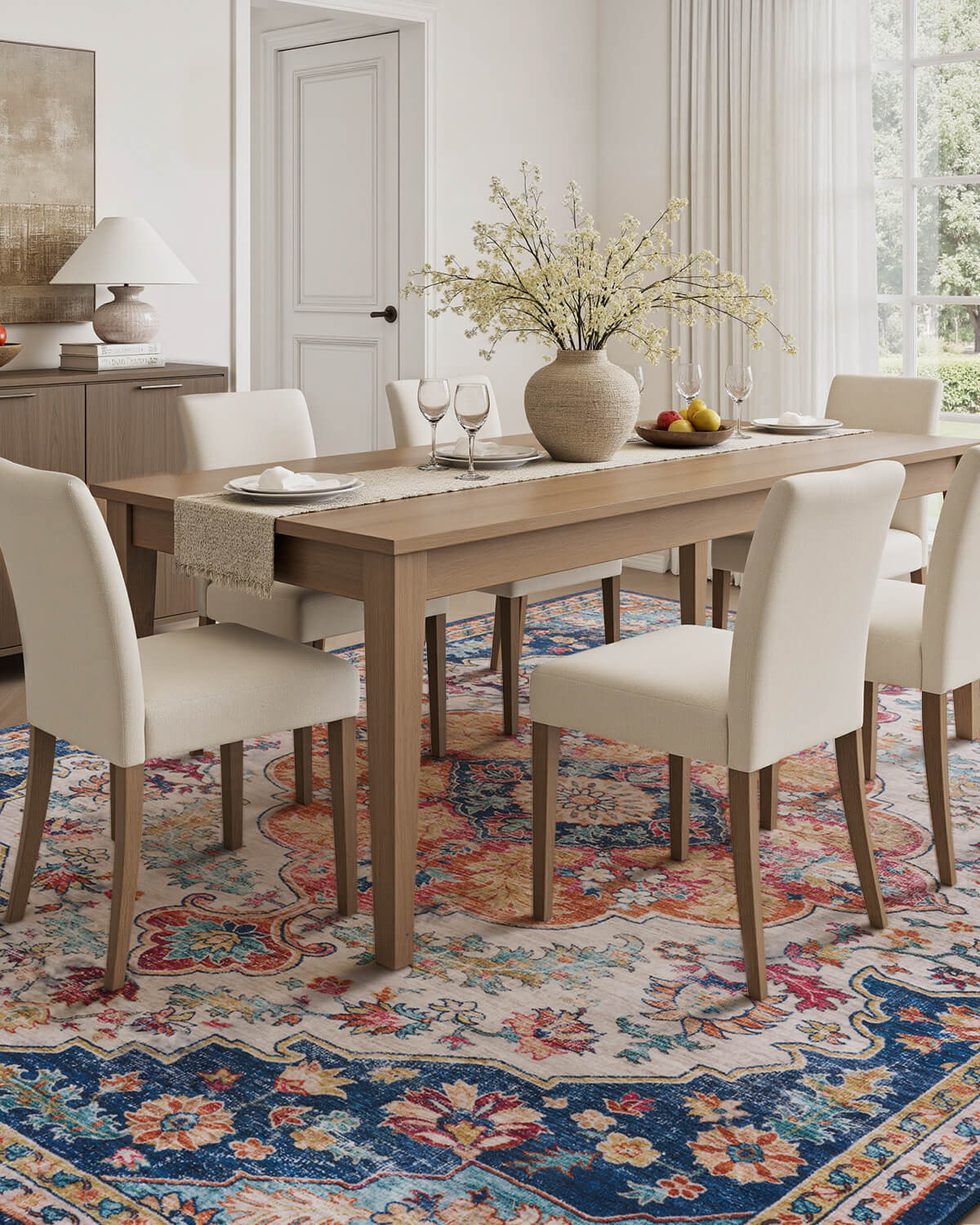 Boho vintage rug enhancing inviting and lived-in living areas