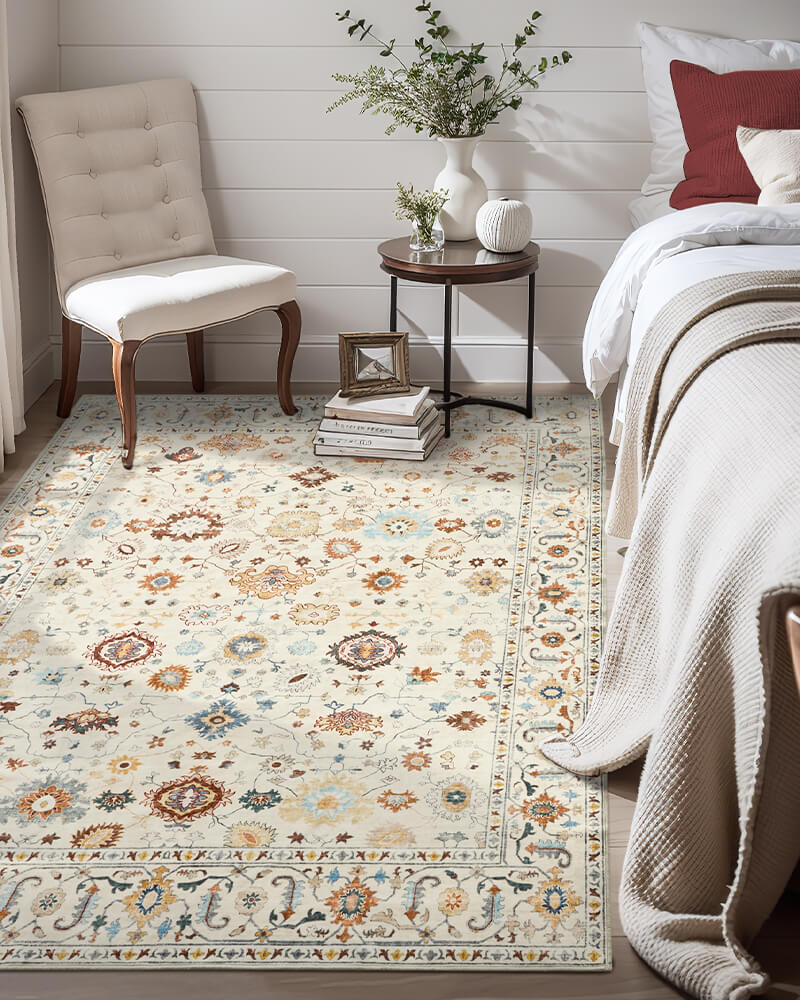 Vintage area rug that brings cozy texture to family environments with practical easy care