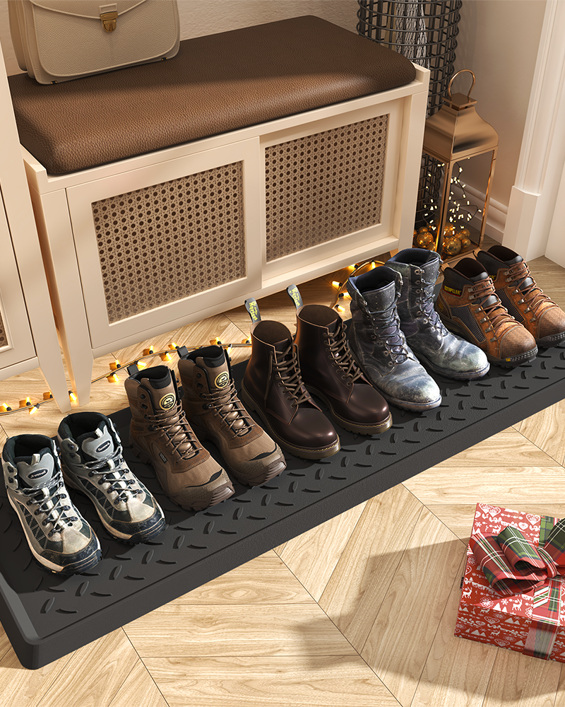 Waterproof non-slip rubber shoe storage tray for indoor or outdoor entryways.