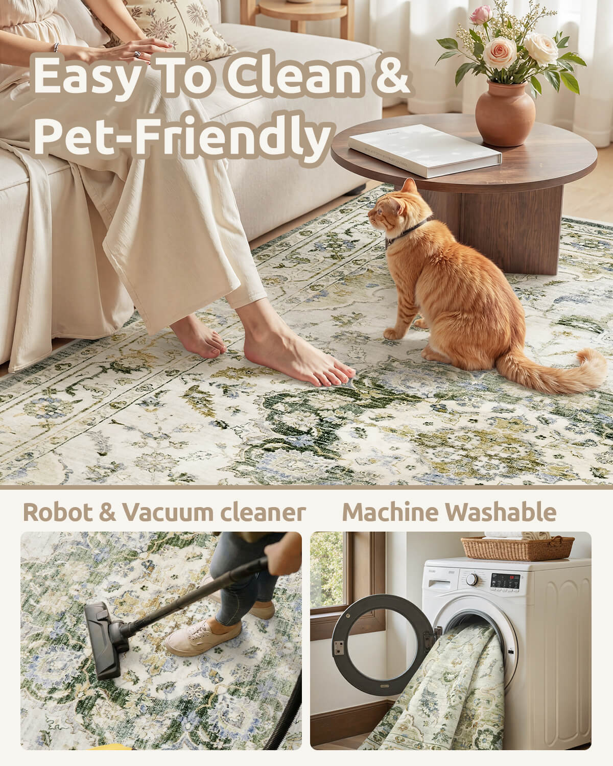 Botanical floral vintage washable rug perfect for active spaces and busy routines