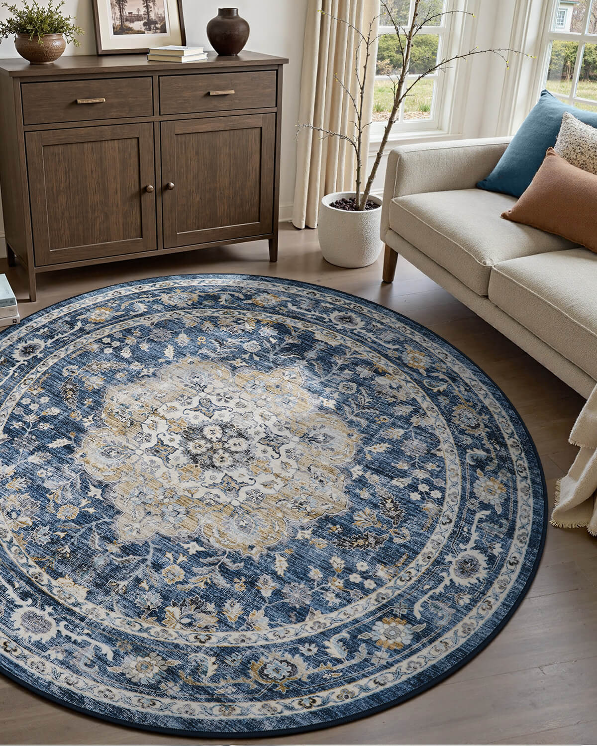 Soft floral vintage rug enhancing layered home styling