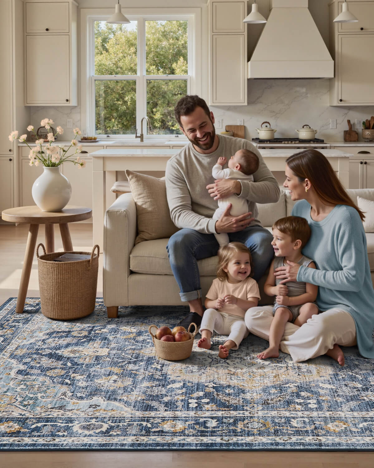 Washable vintage botanical rug built for high traffic interiors