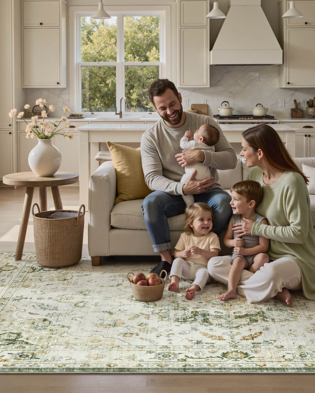 Elegant floral vintage area rug enhancing layered living room styling