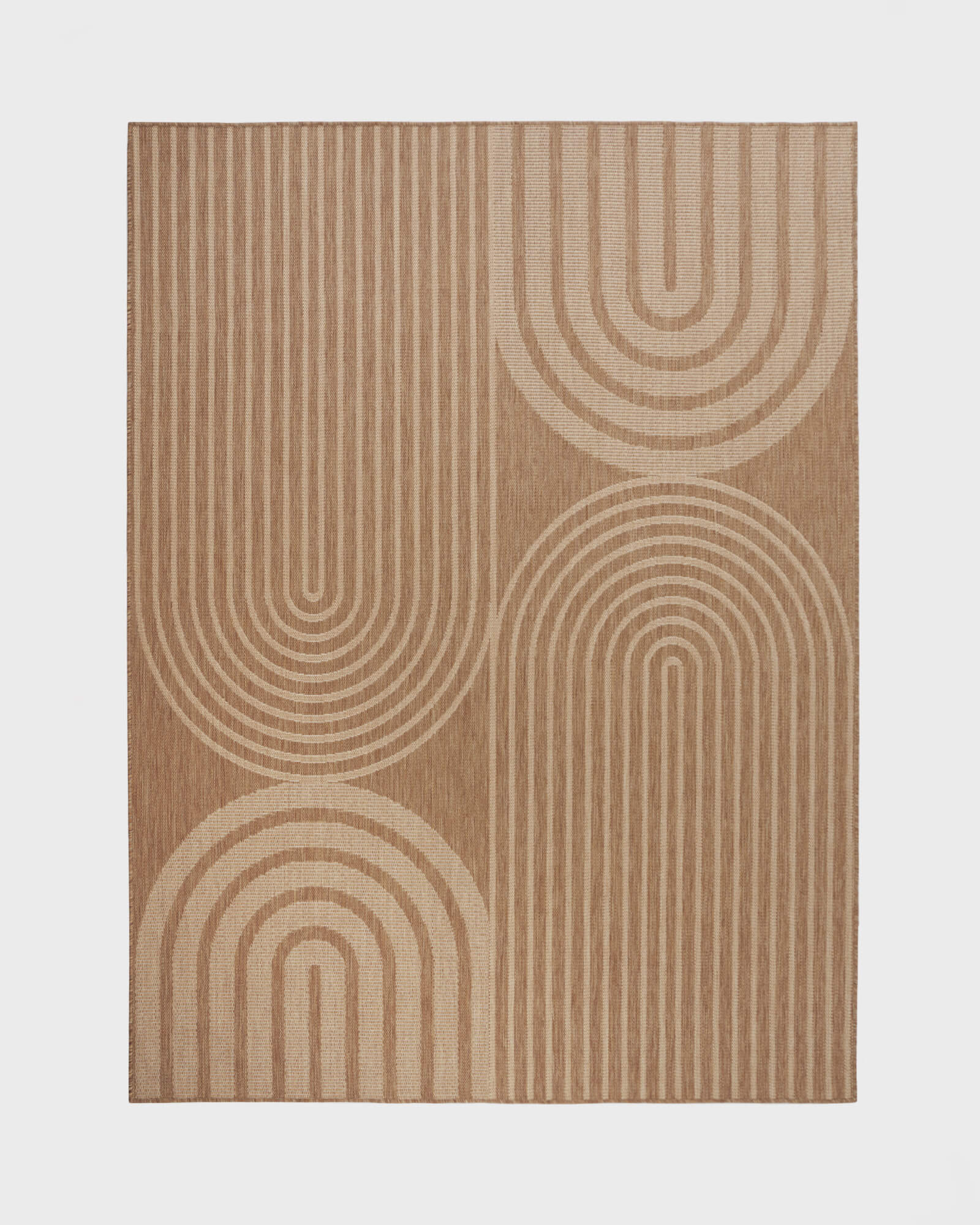 A brown abstract indoor outdoor rug features a modern geometric arch and stripe pattern, adding warm texture and weather-resistant style to patios, decks, living rooms, and contemporary home spaces.