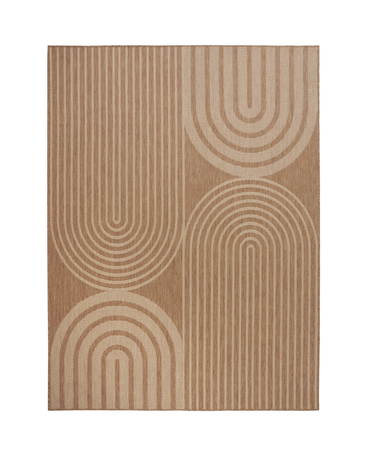 A brown abstract indoor outdoor rug features a modern geometric arch and stripe pattern, adding warm texture and weather-resistant style to patios, decks, living rooms, and contemporary home spaces.
