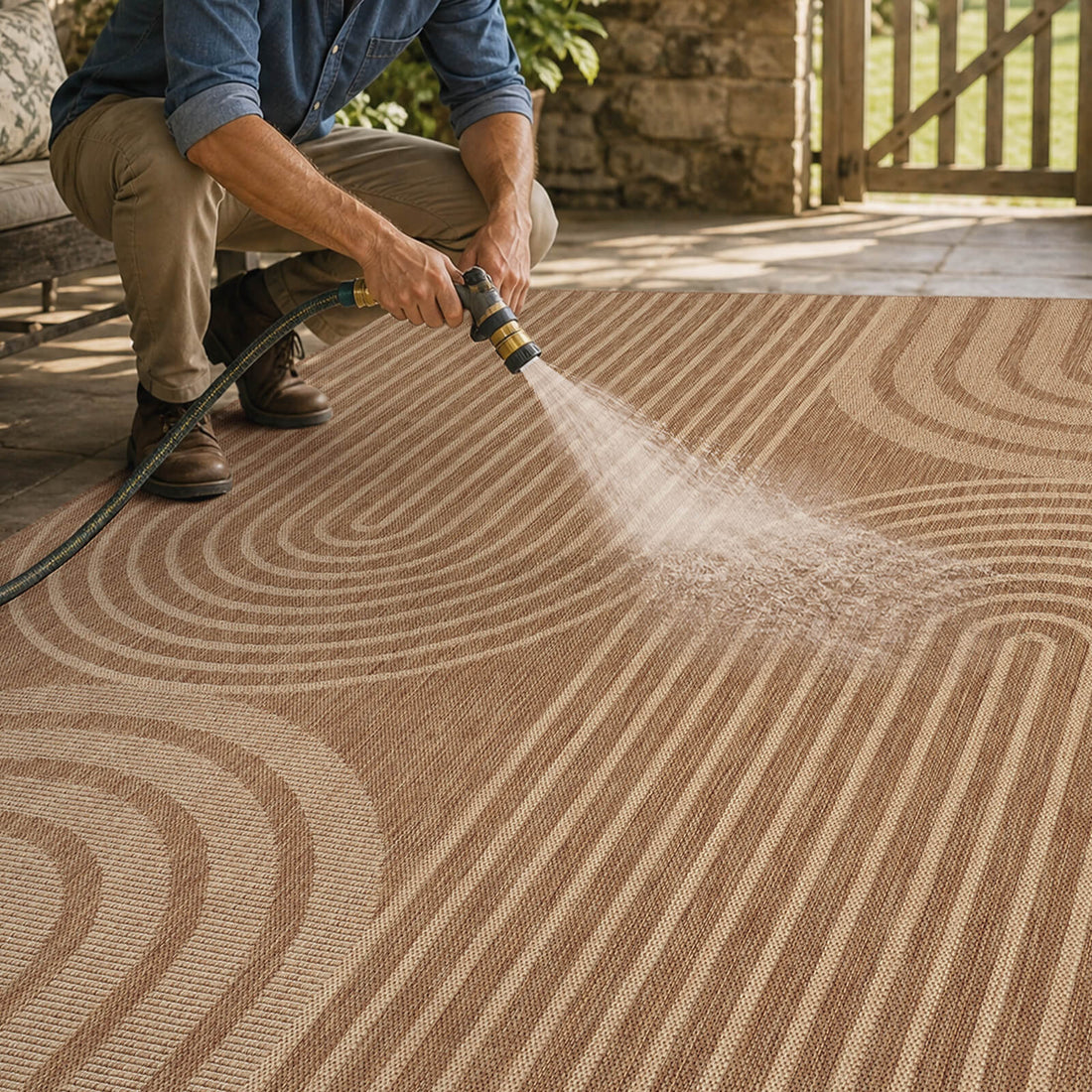 A brown abstract outdoor rug with a geometric arch pattern is shown being rinsed with a garden hose, highlighting its easy-clean surface and weather-resistant style for patios, decks, and outdoor living spaces.