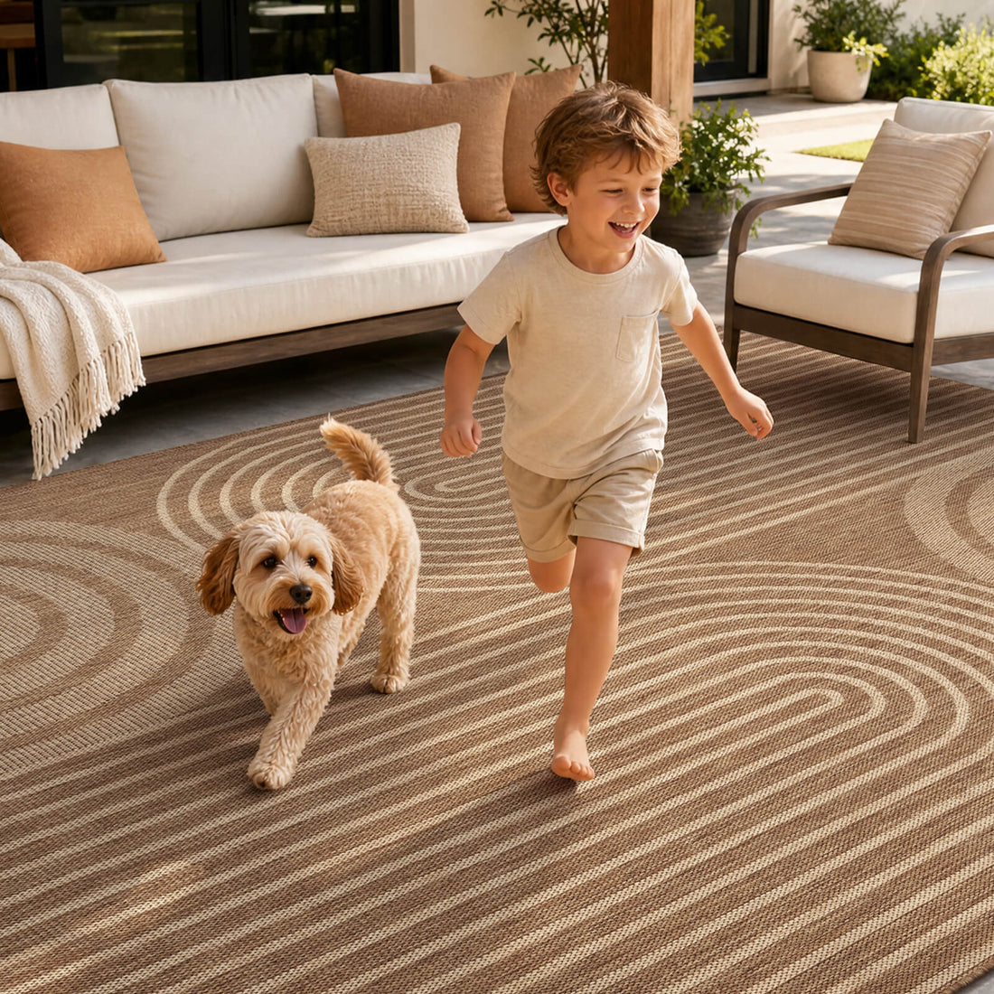 A brown abstract outdoor rug with a modern arched line pattern creates a kid and dog friendly patio play area with outdoor seating, warm woven texture, and easy-clean style for everyday family living.