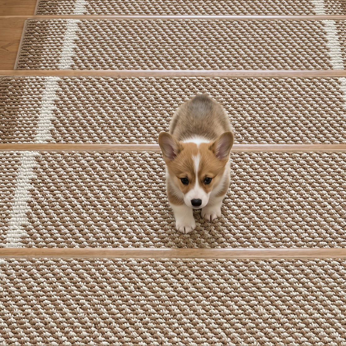 A cute corgi puppy walks down wooden stairs covered with brown gradient striped non-slip stair treads, highlighting their soft raised diagonal woven texture, contrasting white accent stripes, and pet-friendly anti-slip backing designed to provide added traction, comfortable footing, and everyday stair protection for homes with kids and pets.