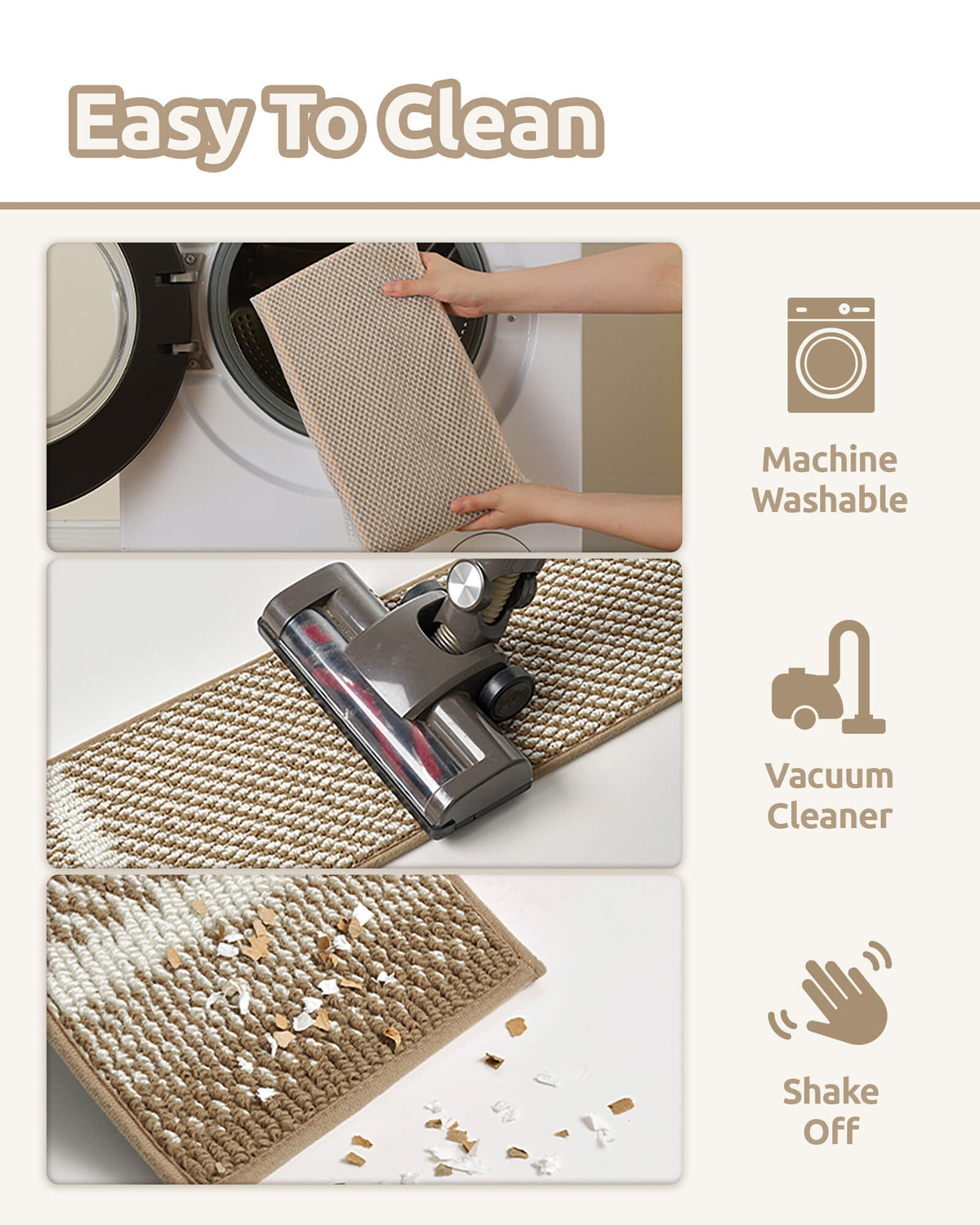 An easy-clean care guide for brown gradient striped non-slip stair treads demonstrates three convenient cleaning methods: machine washing, vacuuming dust and debris, and shaking off loose dirt. The soft raised woven texture offers low-maintenance convenience, comfortable footing, and practical everyday care for busy households with kids and pets.
