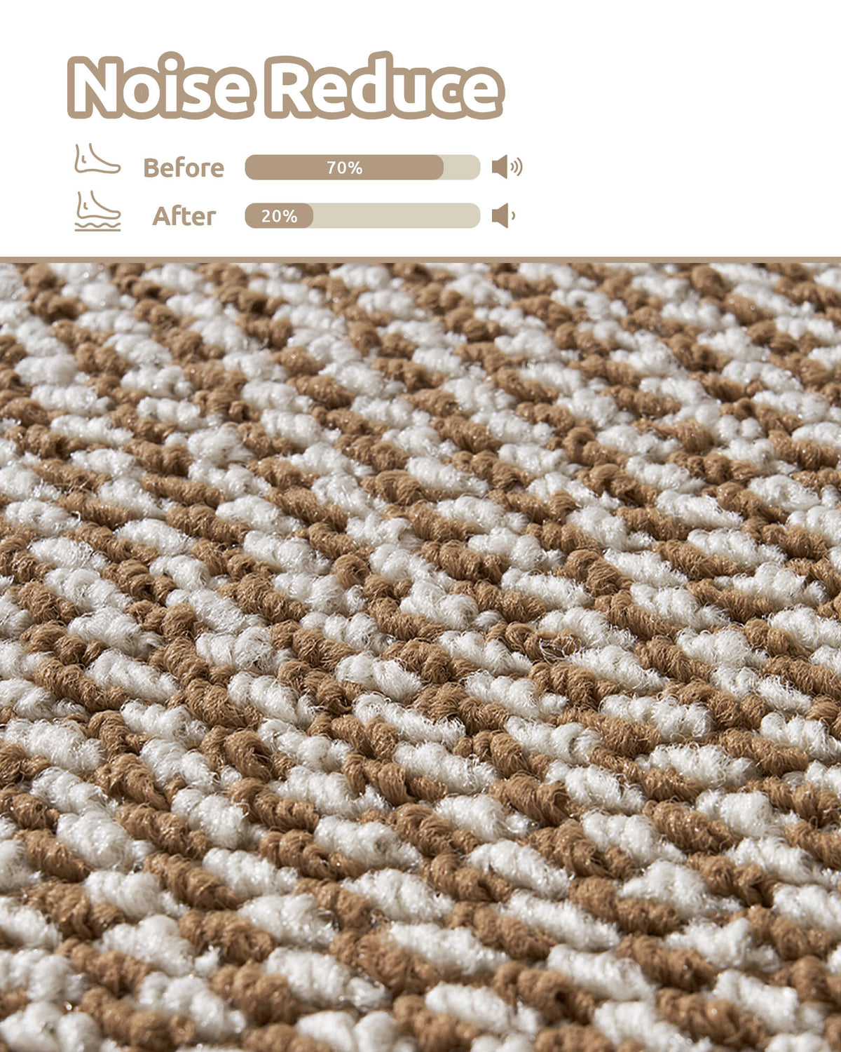 A close-up of brown gradient striped non-slip stair treads highlights their soft, cushioned diagonal woven texture and noise-reducing design, helping soften footsteps and minimize everyday stair noise while providing comfortable footing and a quieter home environment for families with kids and pets.