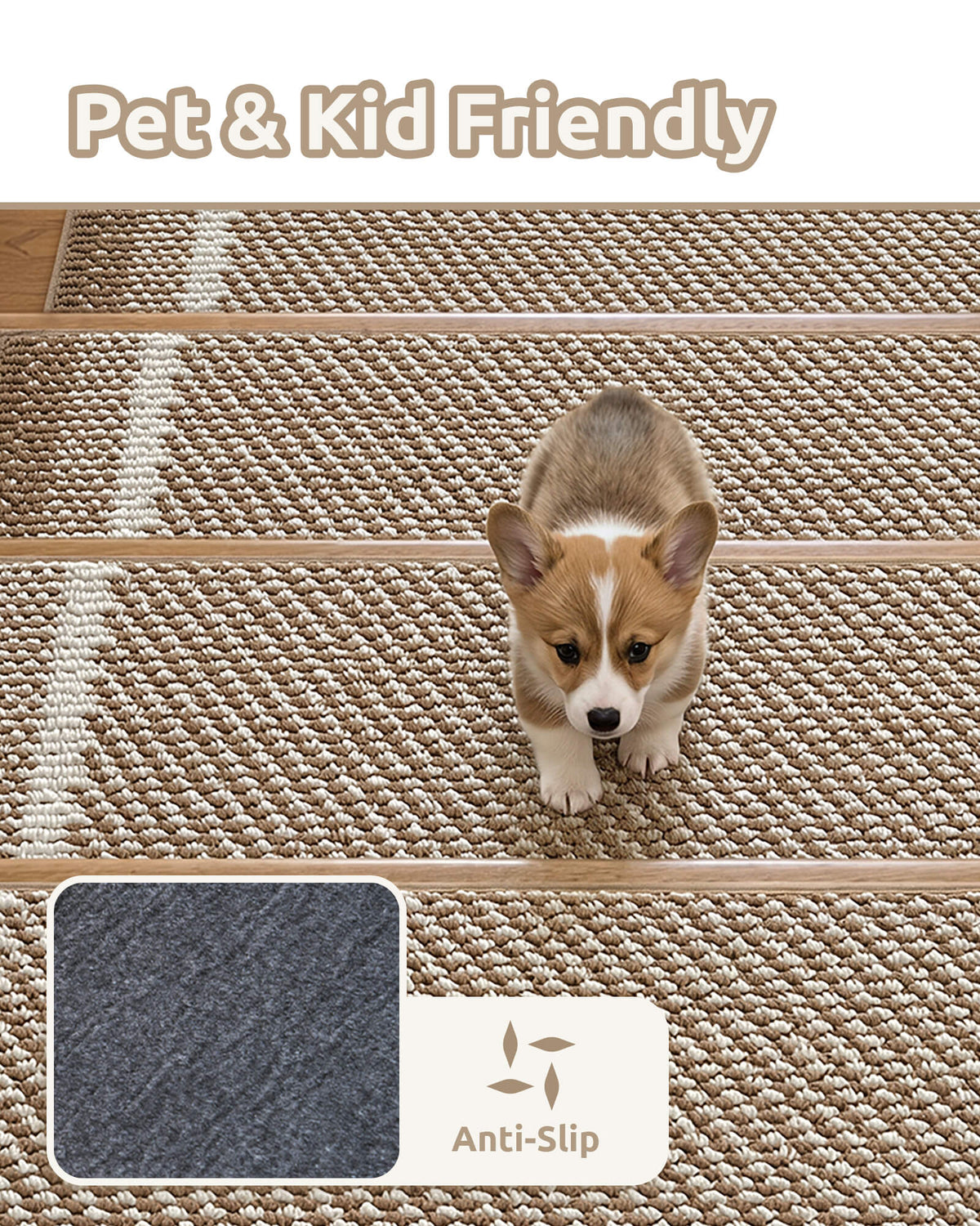 A pet- and kid-friendly stair tread infographic features a cute corgi puppy walking down wooden stairs covered with brown gradient striped non-slip stair treads, highlighting their soft cushioned diagonal woven texture and anti-slip backing designed to provide added traction, secure footing, and everyday comfort for children and pets.