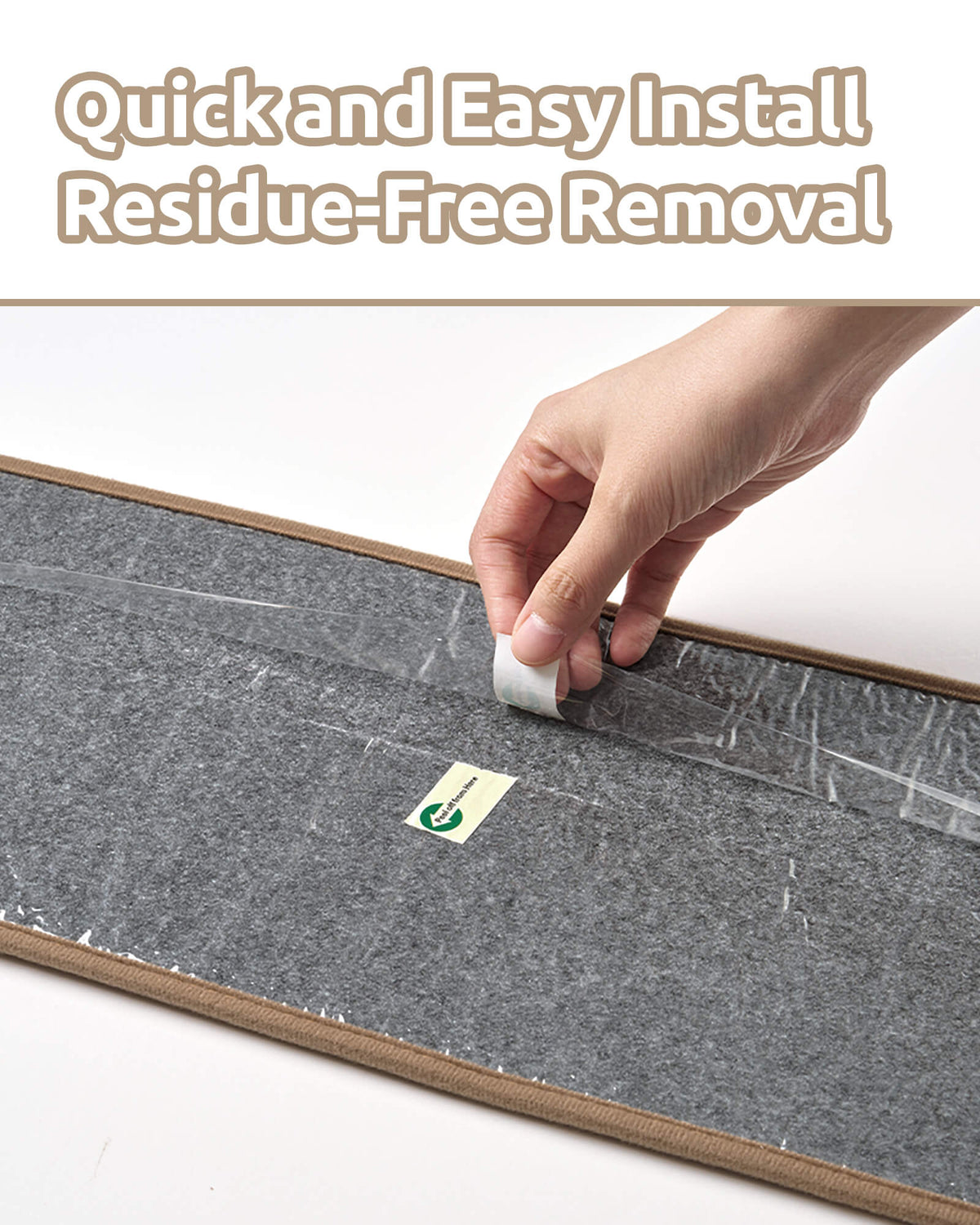 A close-up installation guide for brown gradient striped non-slip stair treads shows a hand peeling away the protective film from the gray backing, highlighting quick and easy installation, secure grip without additional adhesive tape, and residue-free removal to help protect indoor wooden stairs.