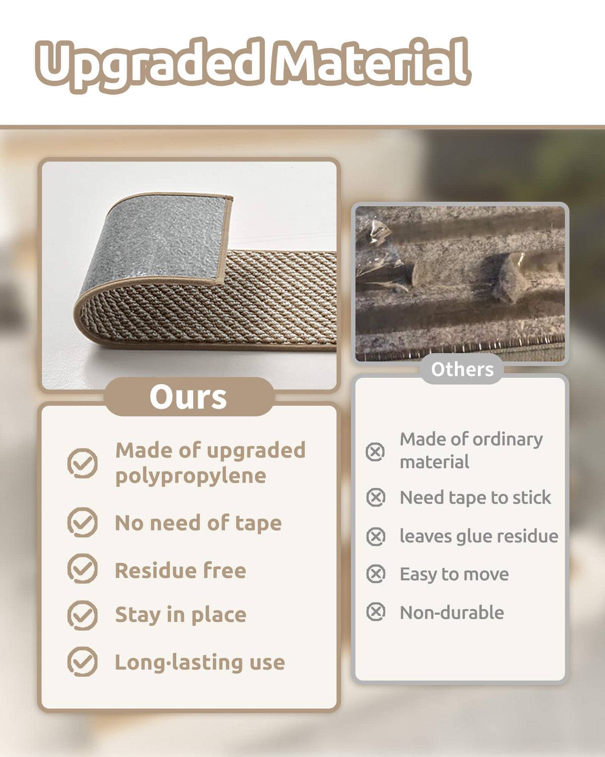 A comparison infographic highlights the upgraded polypropylene material of brown gradient striped non-slip stair treads, featuring a durable backing designed to stay securely in place without additional adhesive tape and allow residue-free removal, offering easy installation, reliable grip, and long-lasting protection for indoor wooden stairs.