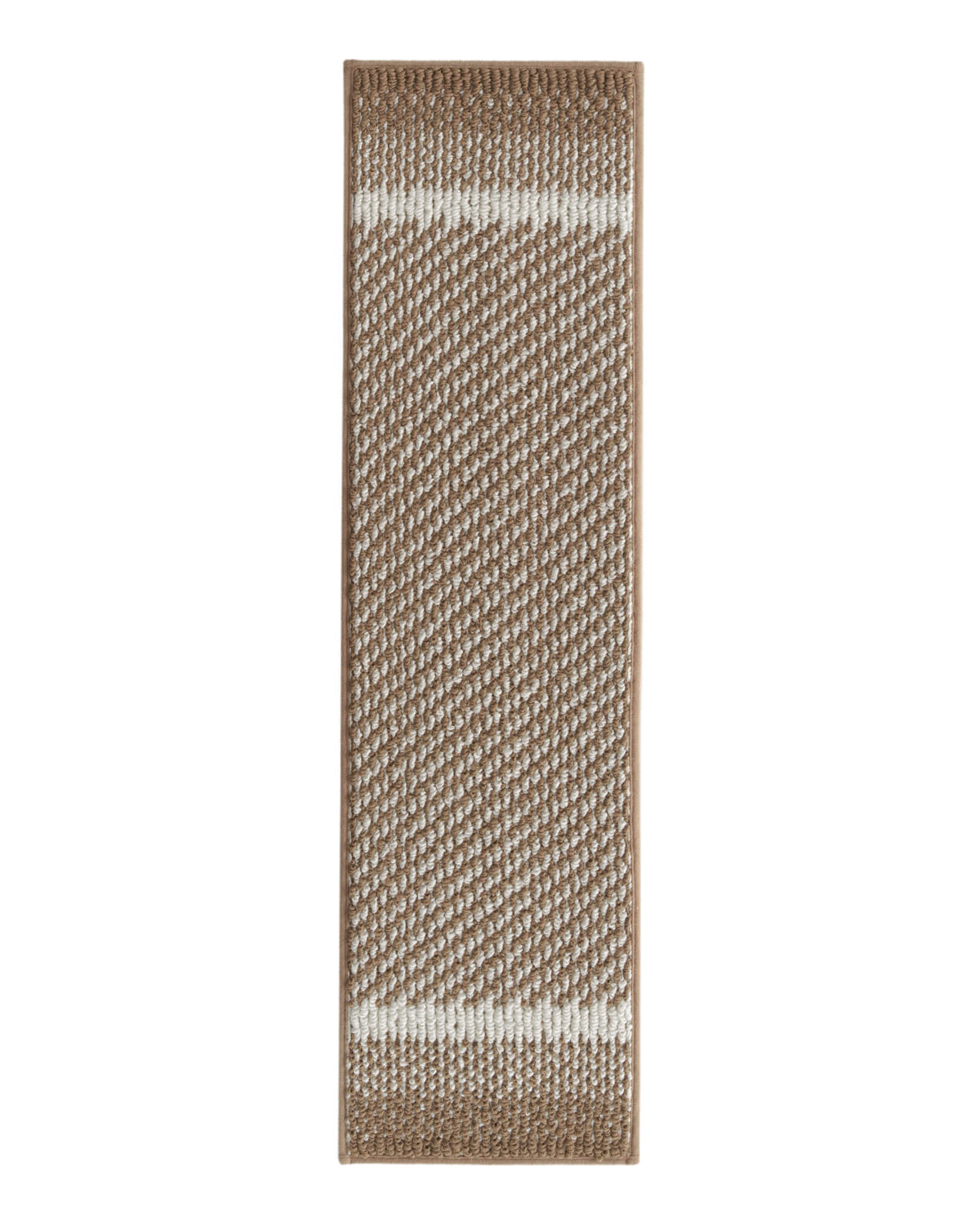 A brown gradient striped woven stair tread mat features a raised diagonal ribbed pattern, contrasting white accent stripes, and neatly bound edges, combining soft cushioned comfort, non-slip protection, and warm modern style for indoor wooden staircases.