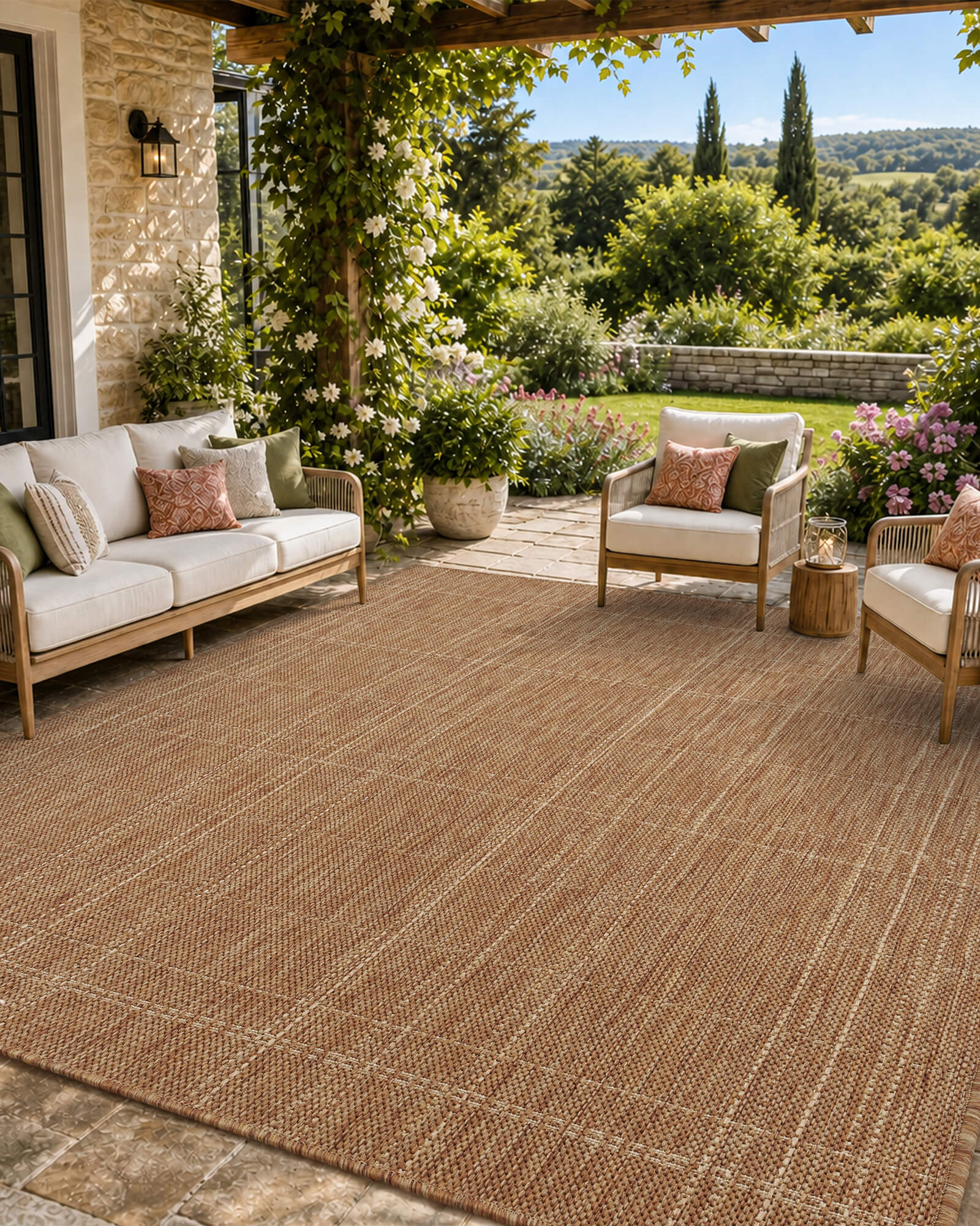 A brown plain weave outdoor area rug with a subtle check border adds natural woven texture to a covered patio lounge with wicker seating, garden greenery, stone flooring, and relaxed weather-resistant style.