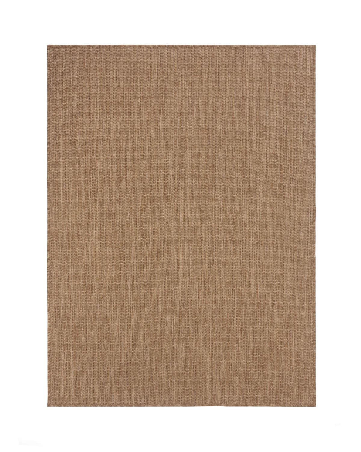 A brown plain weave outdoor area rug features a natural basketweave texture and clean minimal design, bringing durable weather-resistant style to patios, decks, porches, and outdoor living spaces.