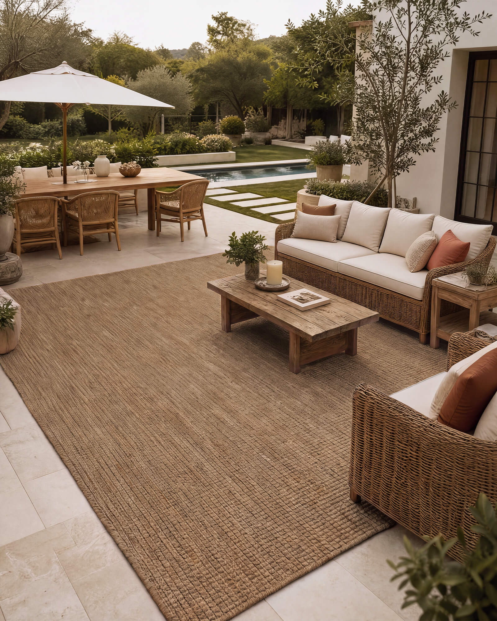 A brown plain weave outdoor area rug adds natural texture to a spacious patio lounge with wicker seating, a wood coffee table, poolside dining, greenery, and warm weather-resistant outdoor decor.