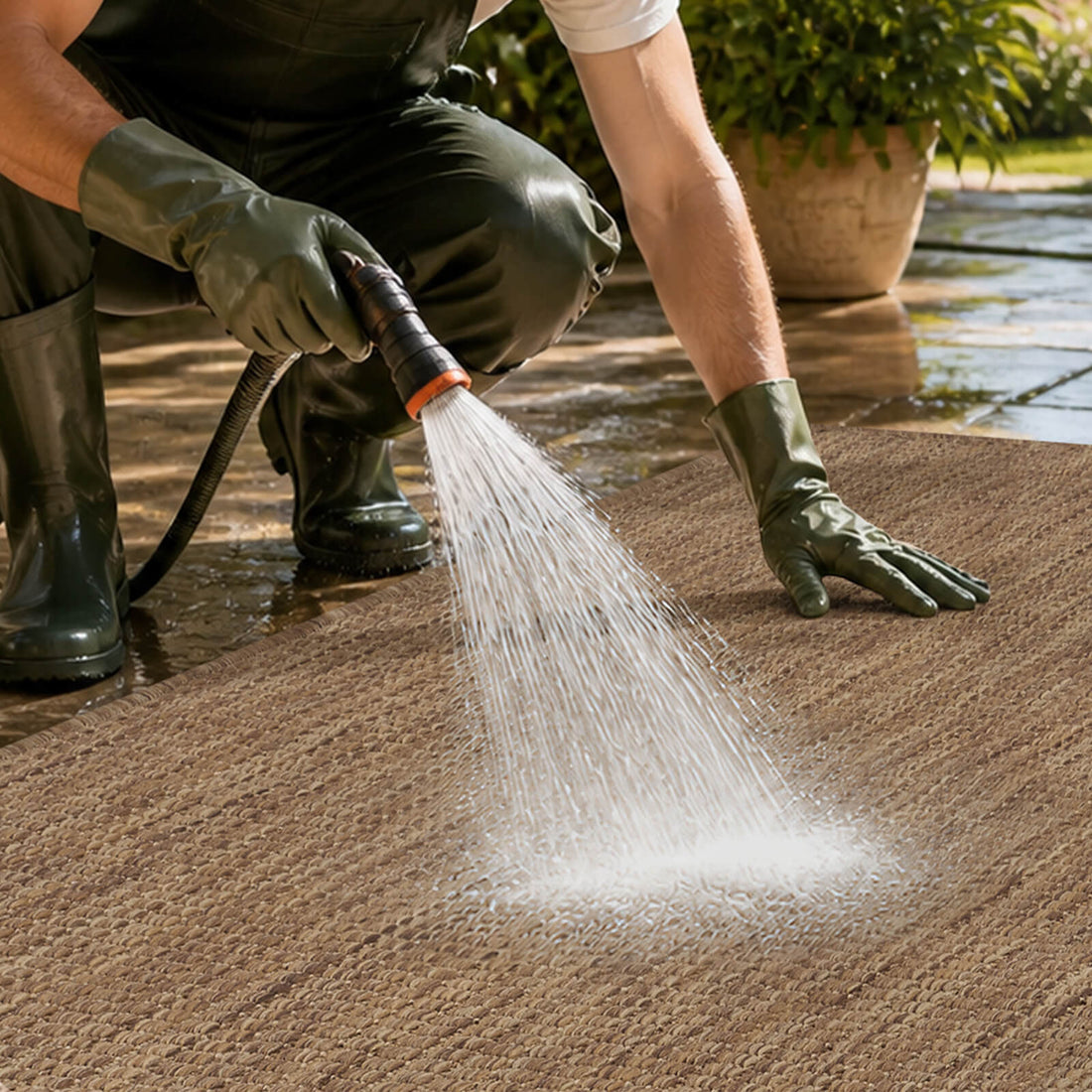 A brown plain weave outdoor rug is shown being rinsed with a garden hose, highlighting its water-resistant woven surface, easy-clean texture, and durable design for patios, decks, and outdoor living areas.