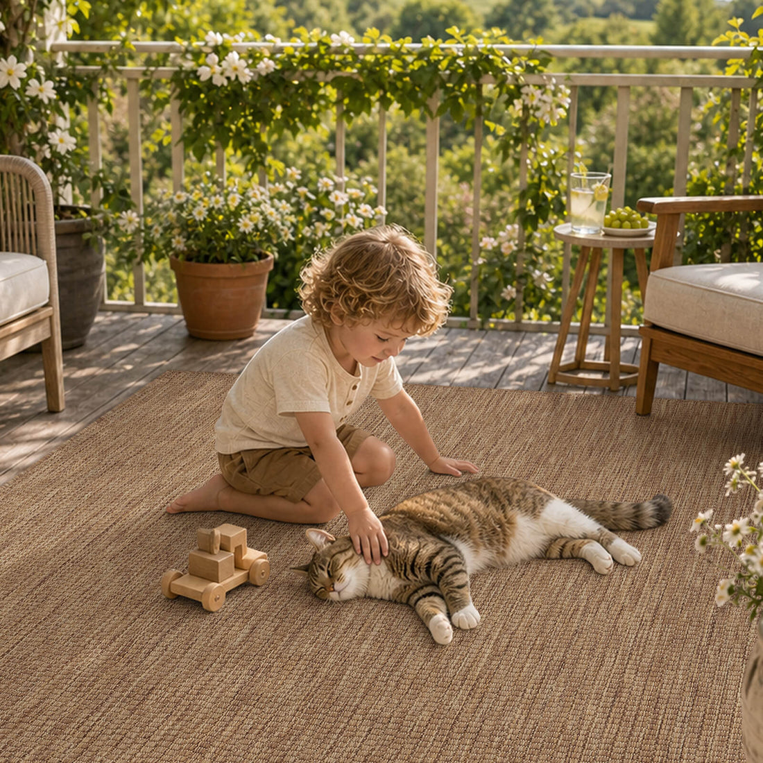 A brown plain weave outdoor rug creates a kid and cat friendly deck play area with natural woven texture, cozy seating, potted flowers, and warm weather-resistant patio style.