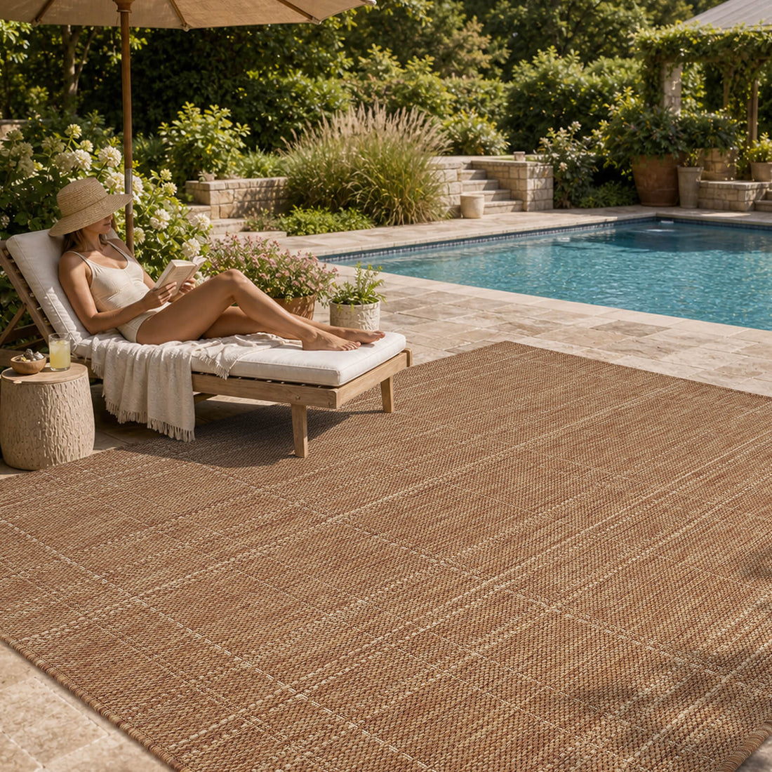 A brown plain weave outdoor rug with subtle grid texture creates a relaxed poolside reading lounge with a chaise chair, umbrella shade, garden greenery, and weather-resistant patio style.