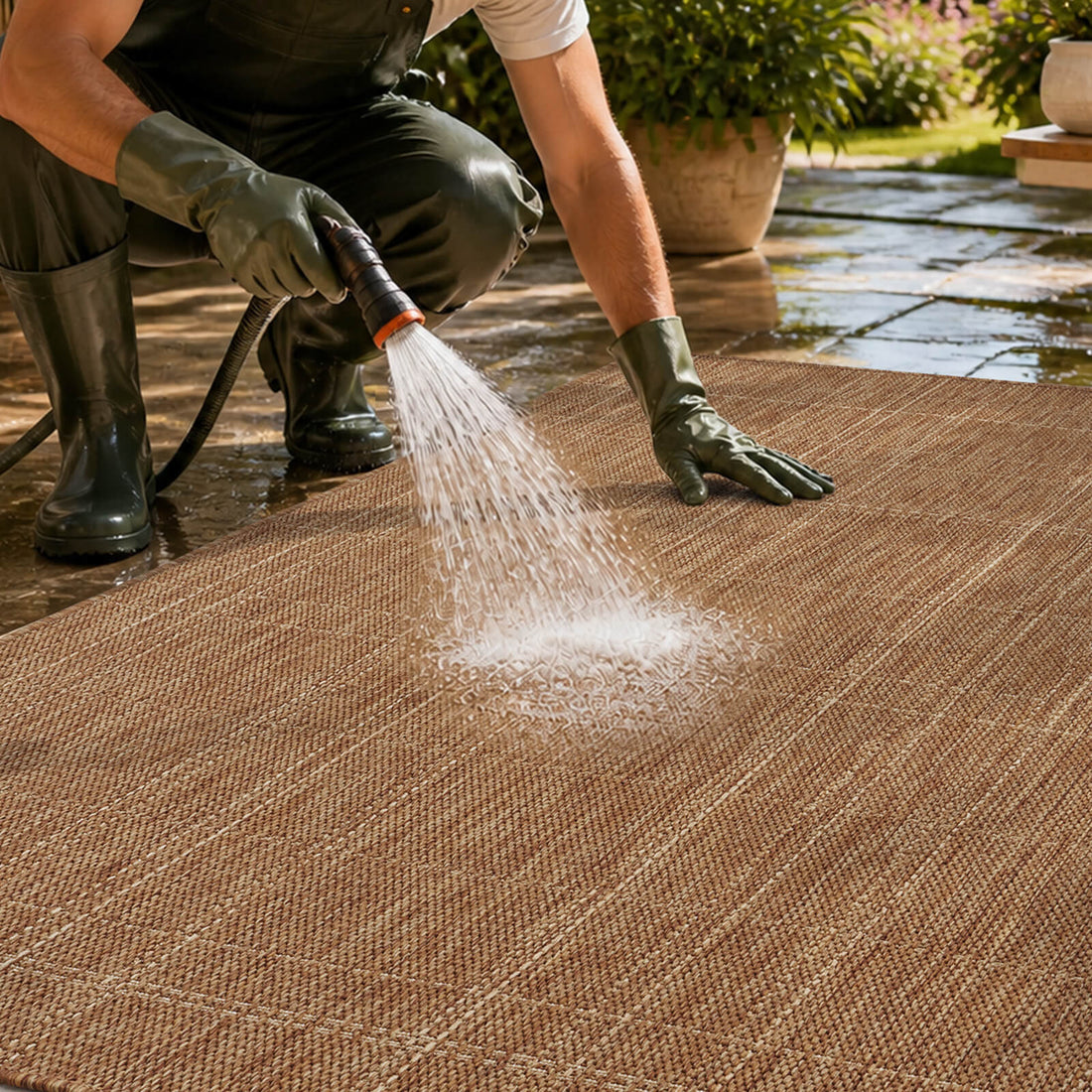 A brown plain weave outdoor rug is shown being rinsed clean outdoors, highlighting its quick-dry textured surface, durable woven construction, and easy-care design for patios, decks, and porch spaces.