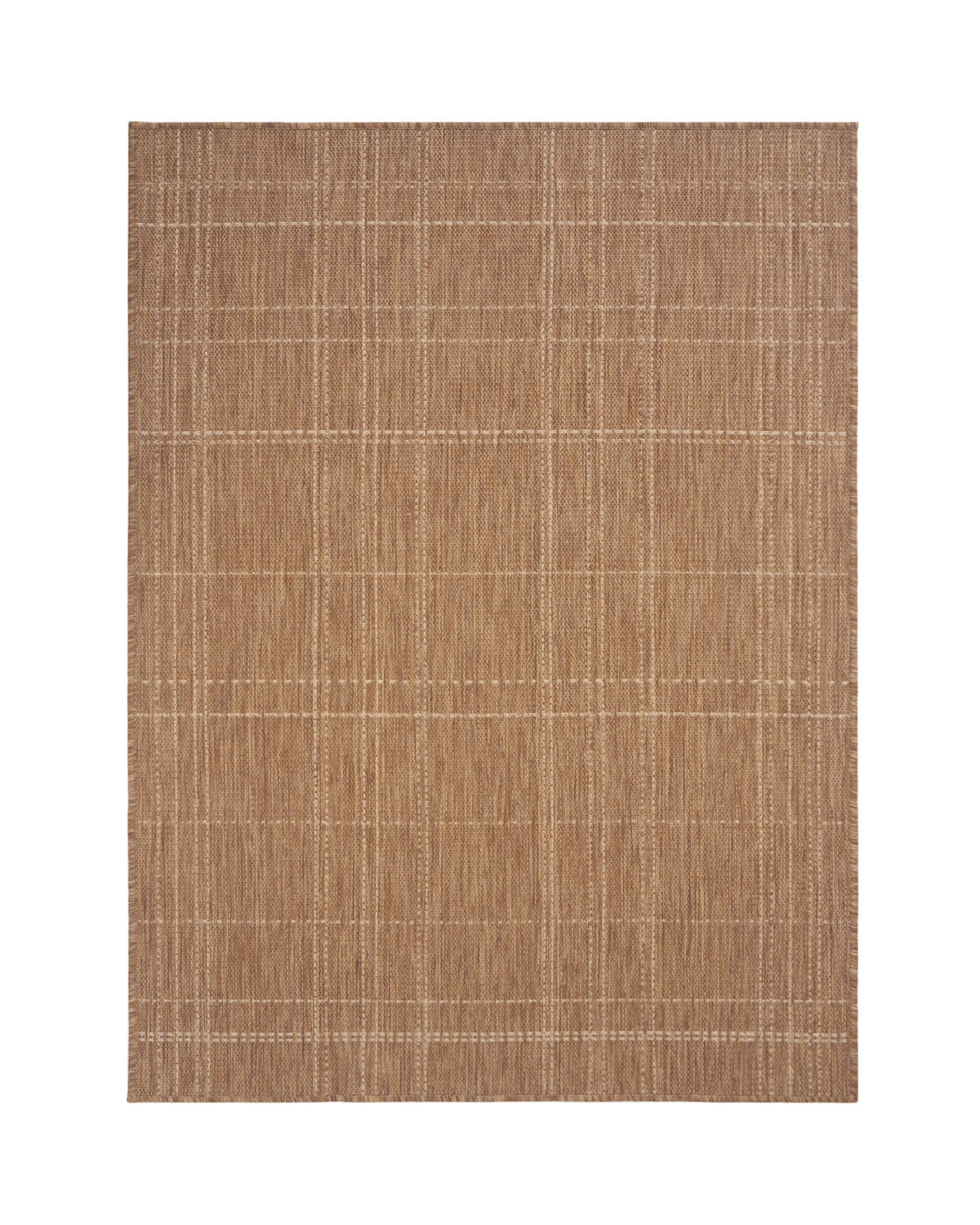 A brown outdoor area rug features a subtle grid pattern and natural woven texture, bringing durable weather-resistant style to patios, decks, porches, entryways, and indoor outdoor living spaces.