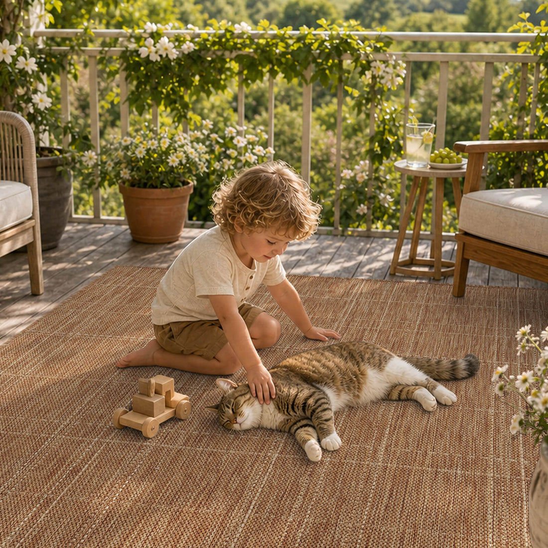 A brown subtle grid outdoor rug creates a cozy child and cat friendly deck space with natural woven texture, wooden toys, potted flowers, outdoor seating, and relaxed weather-resistant style.