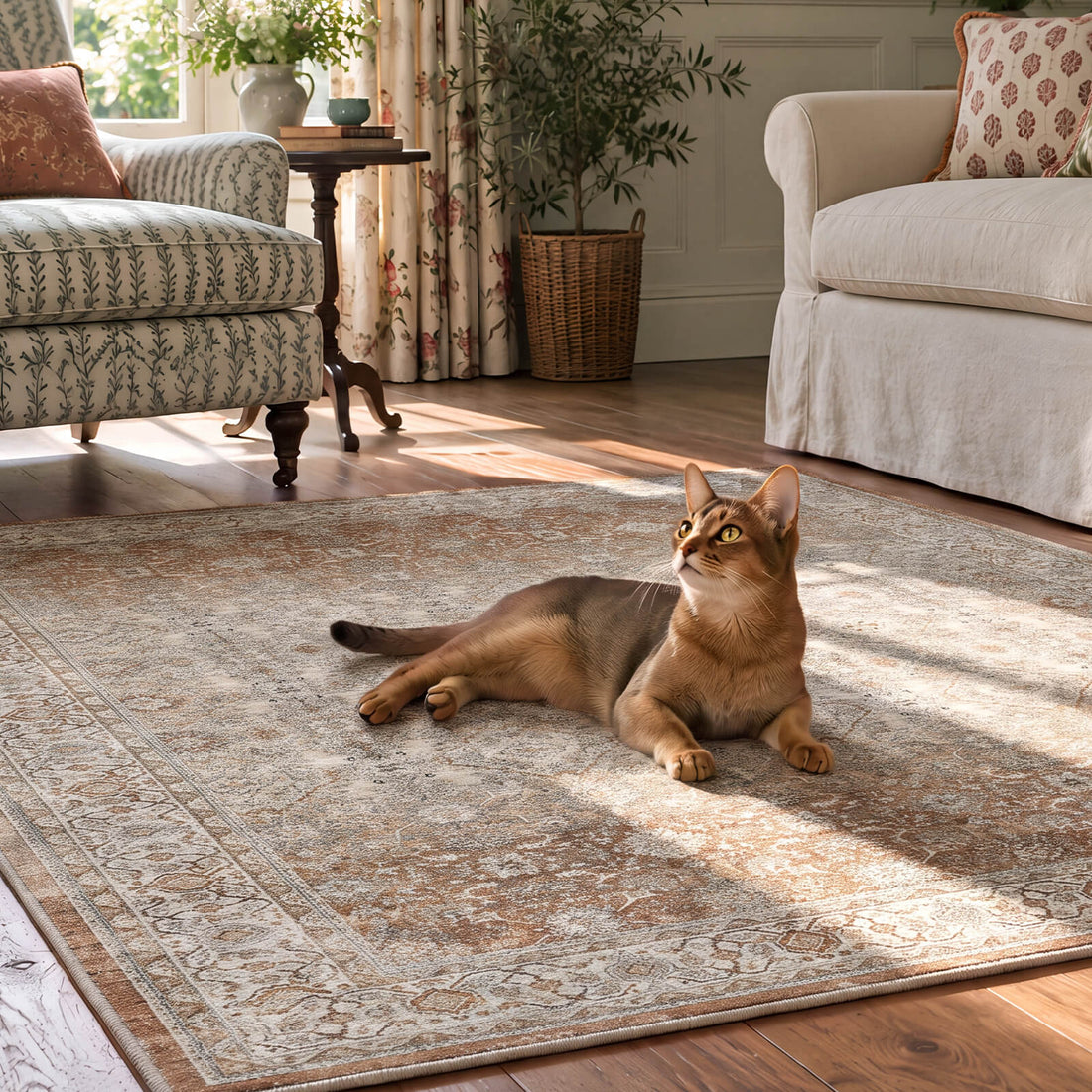 A brown vintage washable area rug with a distressed medallion pattern and ornate border creates a cozy cat friendly living room space with warm sunlight, classic seating, wood floors, and soft traditional decor.
