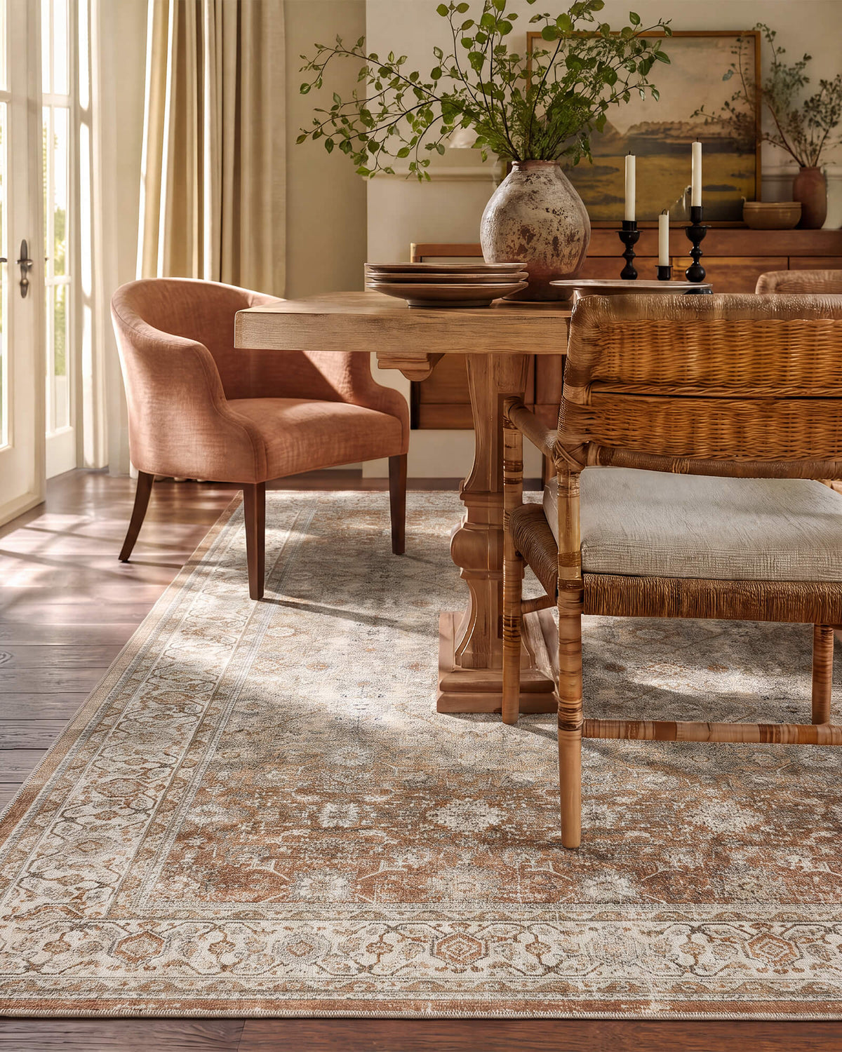 A brown vintage washable area rug with a distressed medallion pattern and ornate border adds warm traditional charm to a cozy dining room with wood furniture, wicker seating, soft sunlight, and cottage-inspired decor.