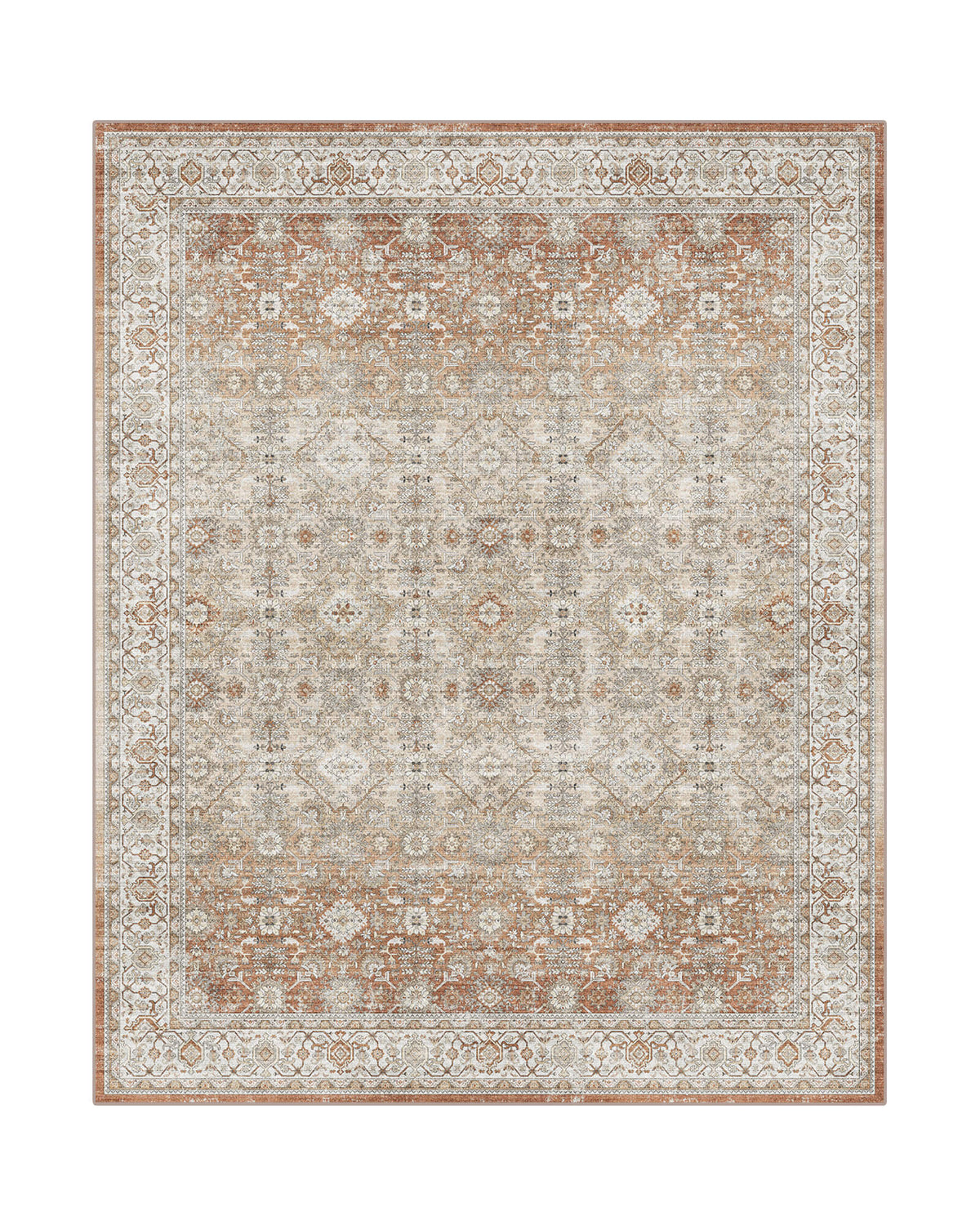 A brown vintage washable area rug features a distressed medallion pattern, ornate floral border, and warm neutral tones for cozy living rooms, bedrooms, dining rooms, and classic farmhouse decor.