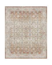 A brown vintage washable area rug features a distressed medallion pattern, ornate floral border, and warm neutral tones for cozy living rooms, bedrooms, dining rooms, and classic farmhouse decor.