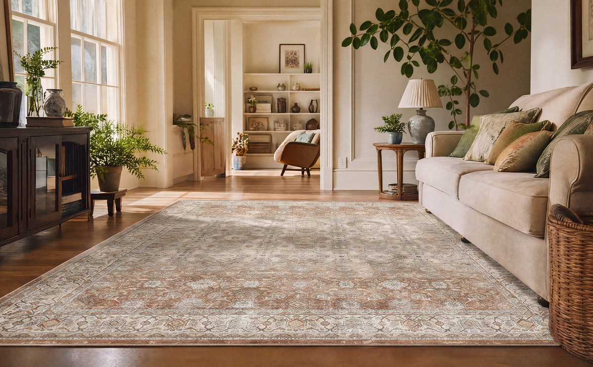 A brown vintage washable area rug with a distressed medallion pattern and ornate border adds warm traditional charm to a spacious living room with a cream sofa, wood floors, greenery, and soft natural light.