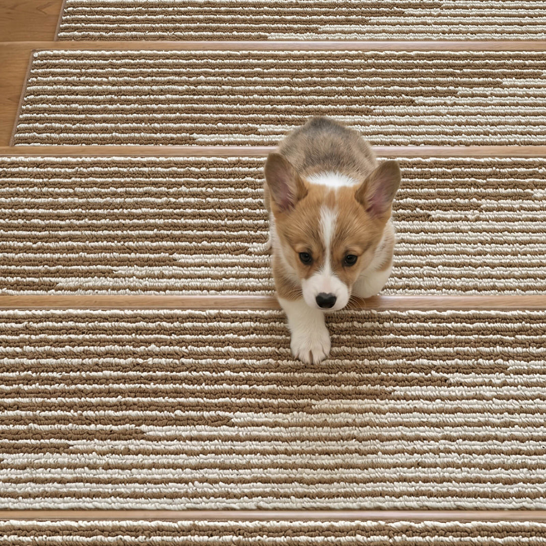 A cute corgi puppy walks down wooden stairs covered with brown and white striped non-slip stair treads, highlighting their soft cushioned ribbed texture, secure anti-slip backing, and pet-friendly design that provides added traction, comfortable footing, and everyday stair protection for homes with kids and pets.