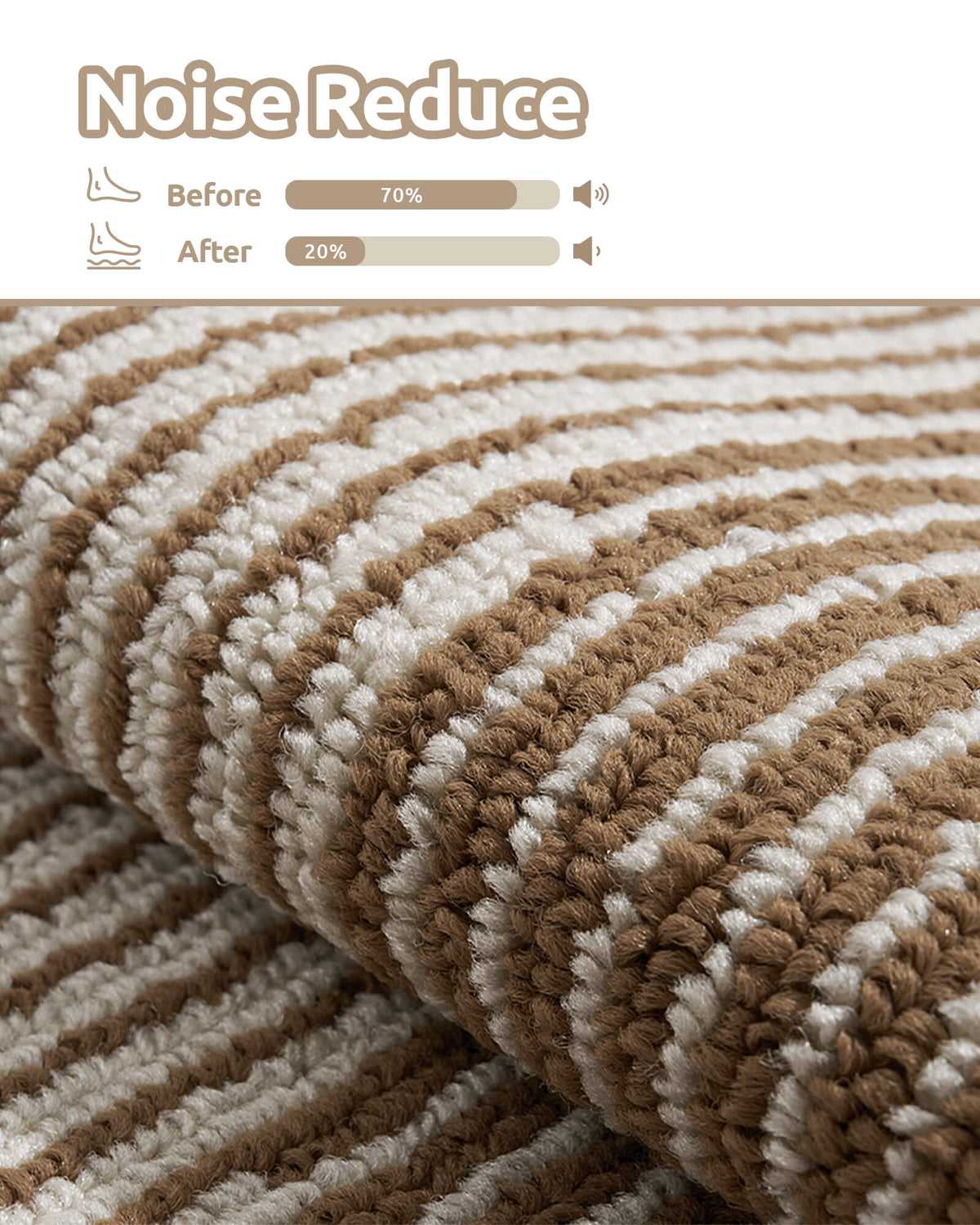 A close-up of brown and white striped non-slip stair treads showcases their thick, cushioned ribbed texture and noise-reducing design, helping soften footsteps and minimize everyday stair noise while providing comfortable footing and a quieter home environment for families with kids and pets.
