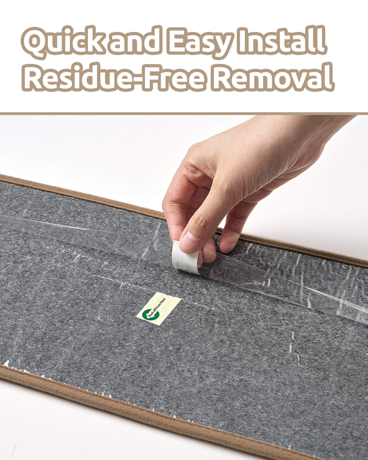 A close-up installation guide for brown and white striped non-slip stair treads shows a hand peeling away the protective film from the gray backing, highlighting quick and easy installation, secure grip without additional adhesive tape, and residue-free removal to help protect indoor wooden stairs.