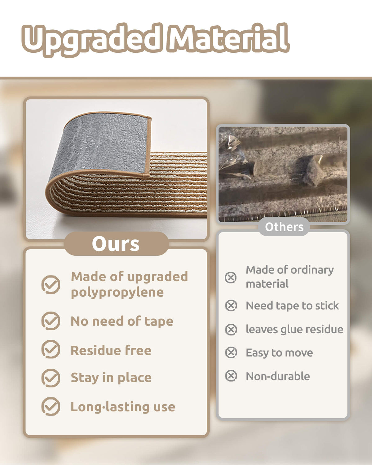 A comparison infographic highlights the upgraded polypropylene material of brown and white striped non-slip stair treads, featuring a durable backing that stays securely in place without additional adhesive tape and allows residue-free removal, offering reliable grip, easy installation, and long-lasting protection for indoor wooden stairs.