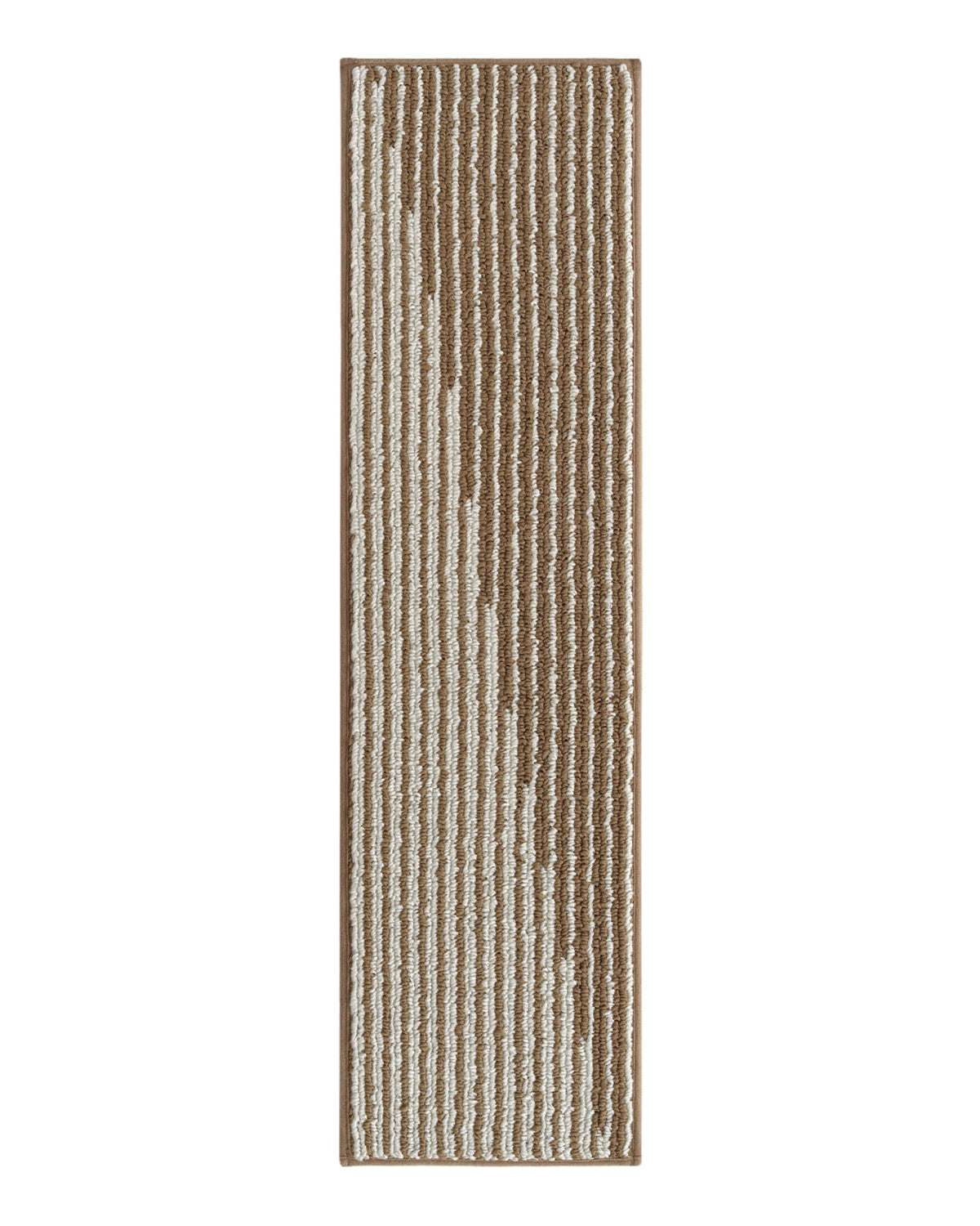 A brown and white striped woven stair tread mat features a classic linear pattern, soft raised ribbed texture, and neatly bound edges, offering comfortable footing, non-slip protection, and warm, timeless style for indoor wooden staircases.