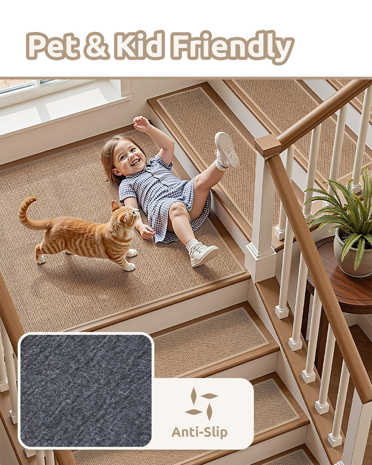 A pet- and kid-friendly stair tread infographic features a smiling young child playing with an orange tabby cat on wooden stairs covered with brown woven non-slip stair treads, highlighting their textured surface and anti-slip backing designed to provide added traction, comfortable footing, and everyday stair protection for families with children and pets.