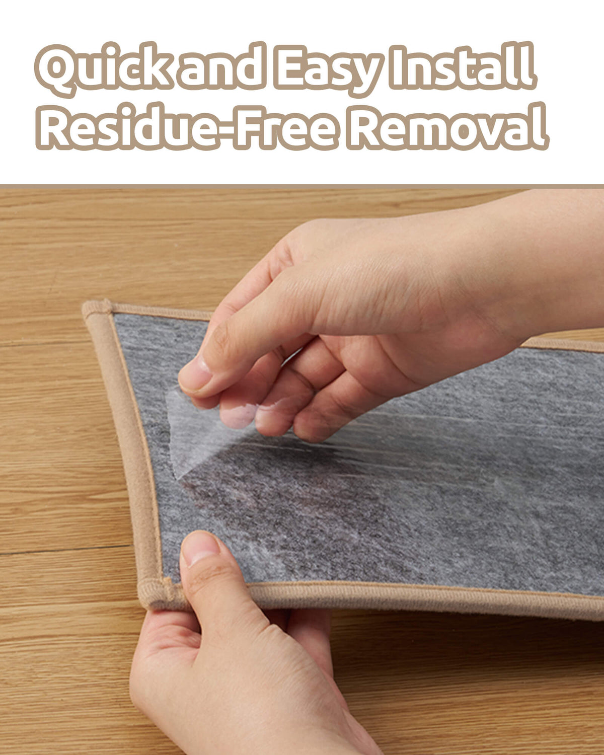 A close-up installation guide for brown woven non-slip stair treads shows hands peeling away the transparent protective film from the gray adhesive backing, highlighting quick peel-and-stick installation, secure grip, and residue-free removal to help protect indoor wooden stairs.