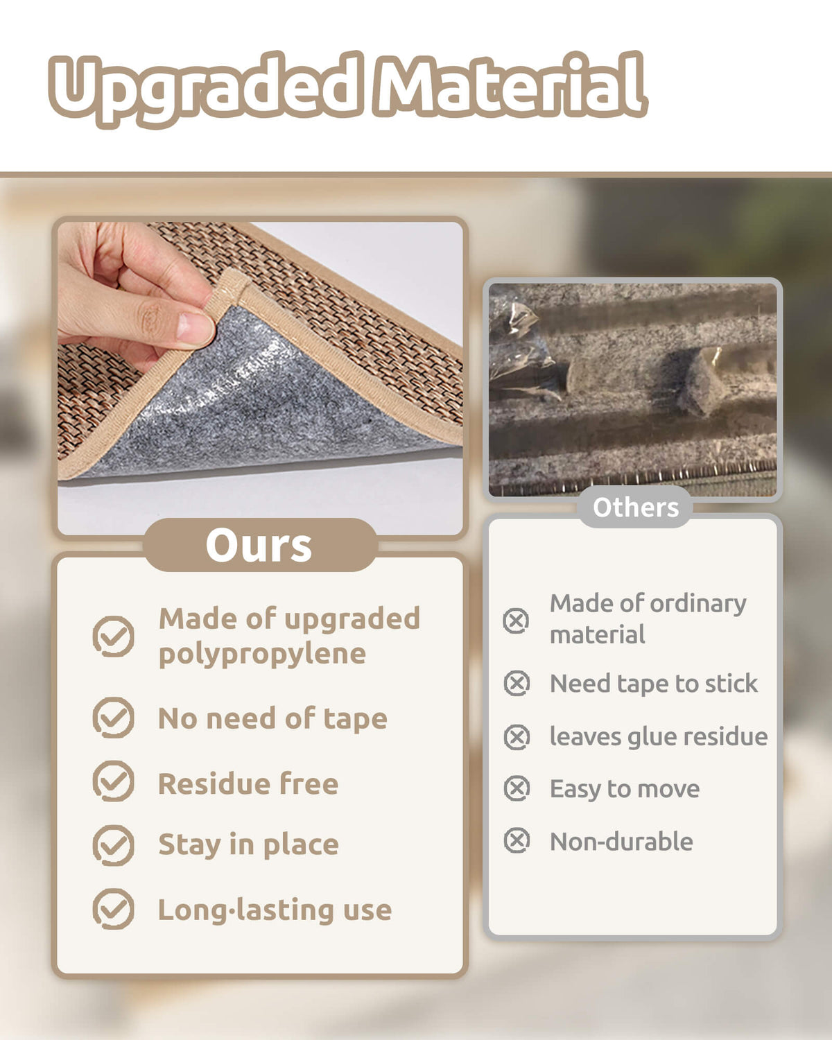 A comparison infographic highlights the upgraded polypropylene material of brown woven non-slip stair treads, showcasing their durable textured surface, secure adhesive backing, and neatly reinforced edges. Designed for easy installation without additional tape, reliable grip, and residue-free removal, these stair mats offer long-lasting comfort and practical protection for indoor wooden stairs.