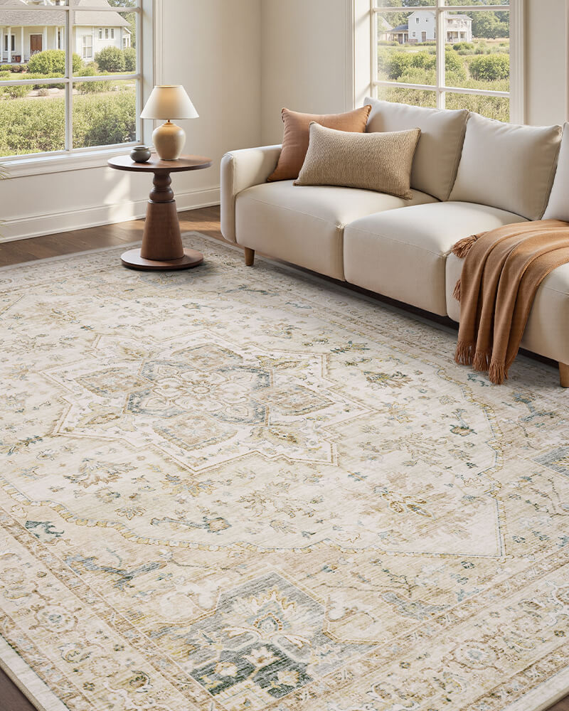 Washable vintage rug designed to support busy living spaces