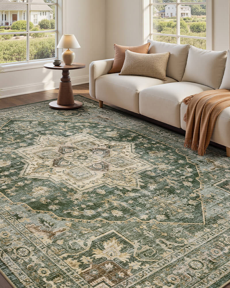 Vintage area rug designed to simplify cleaning and upkeep