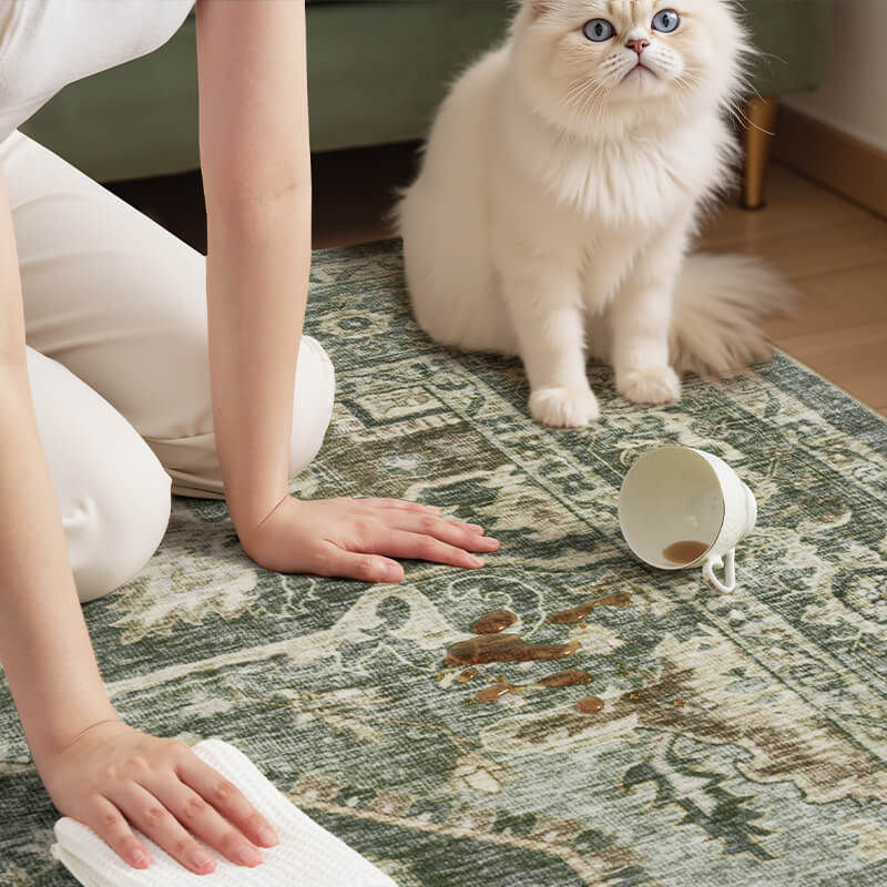 Vintage-style area rug designed to stay comfortable and stable