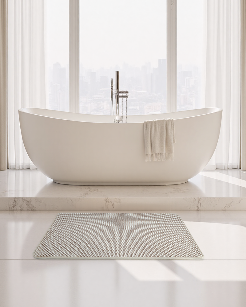 Bath mat made with plush chenille texture that absorbs moisture from wet feet