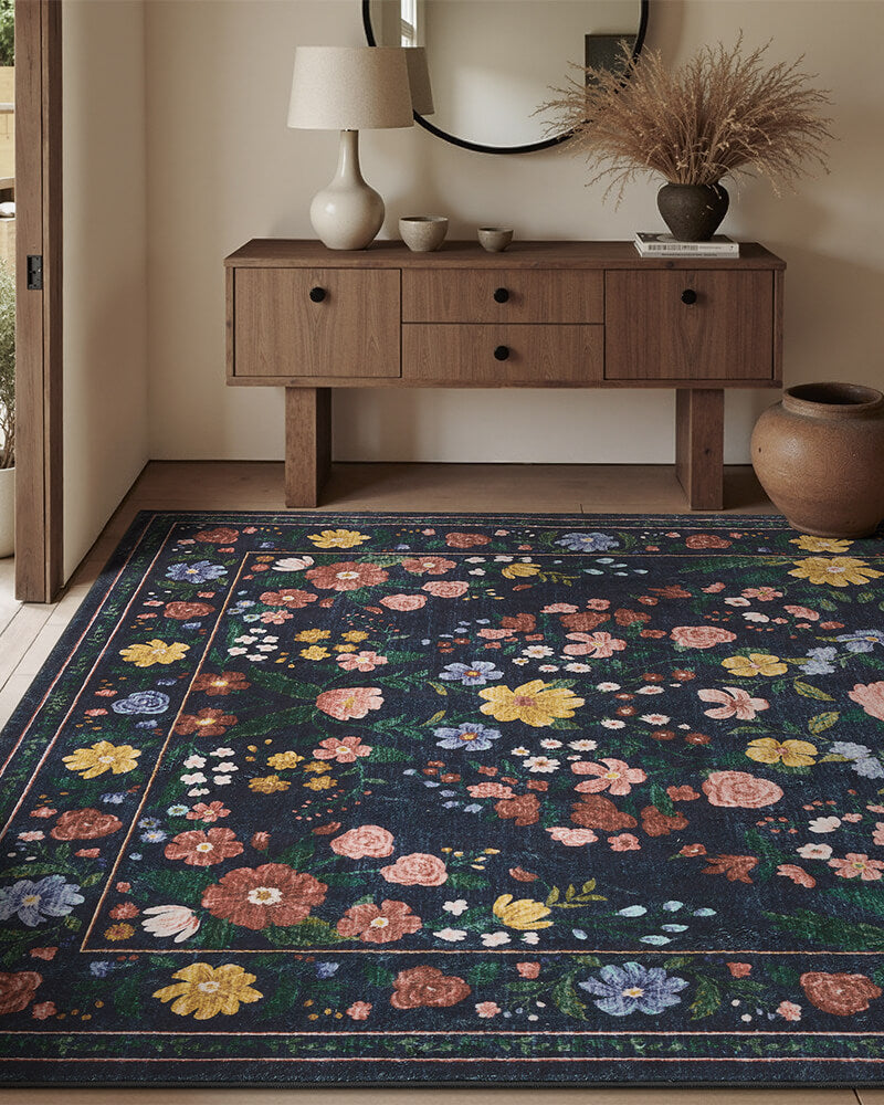 Vintage style area rug designed for clean, organized interiors